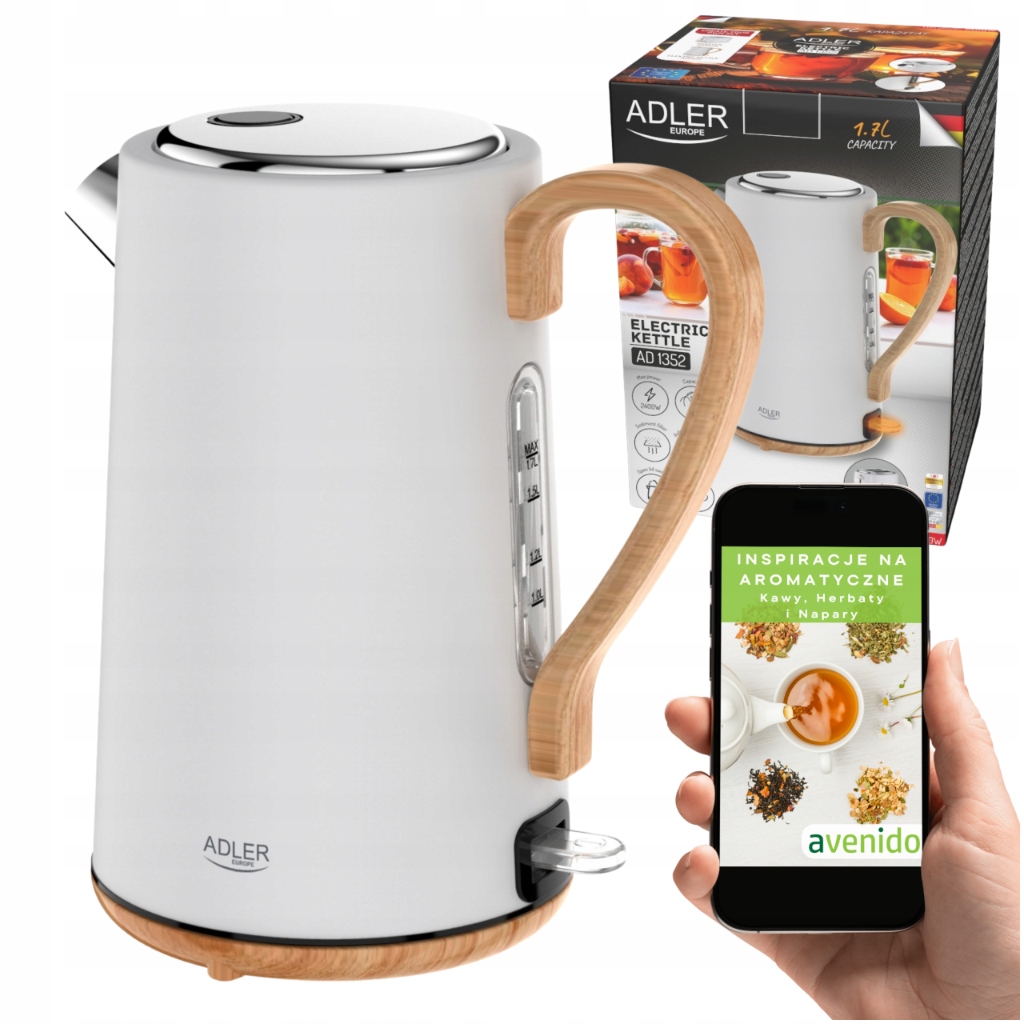 Elektrická konvice 1.7L 2200W systém Strix základna 360° Adler AD1352