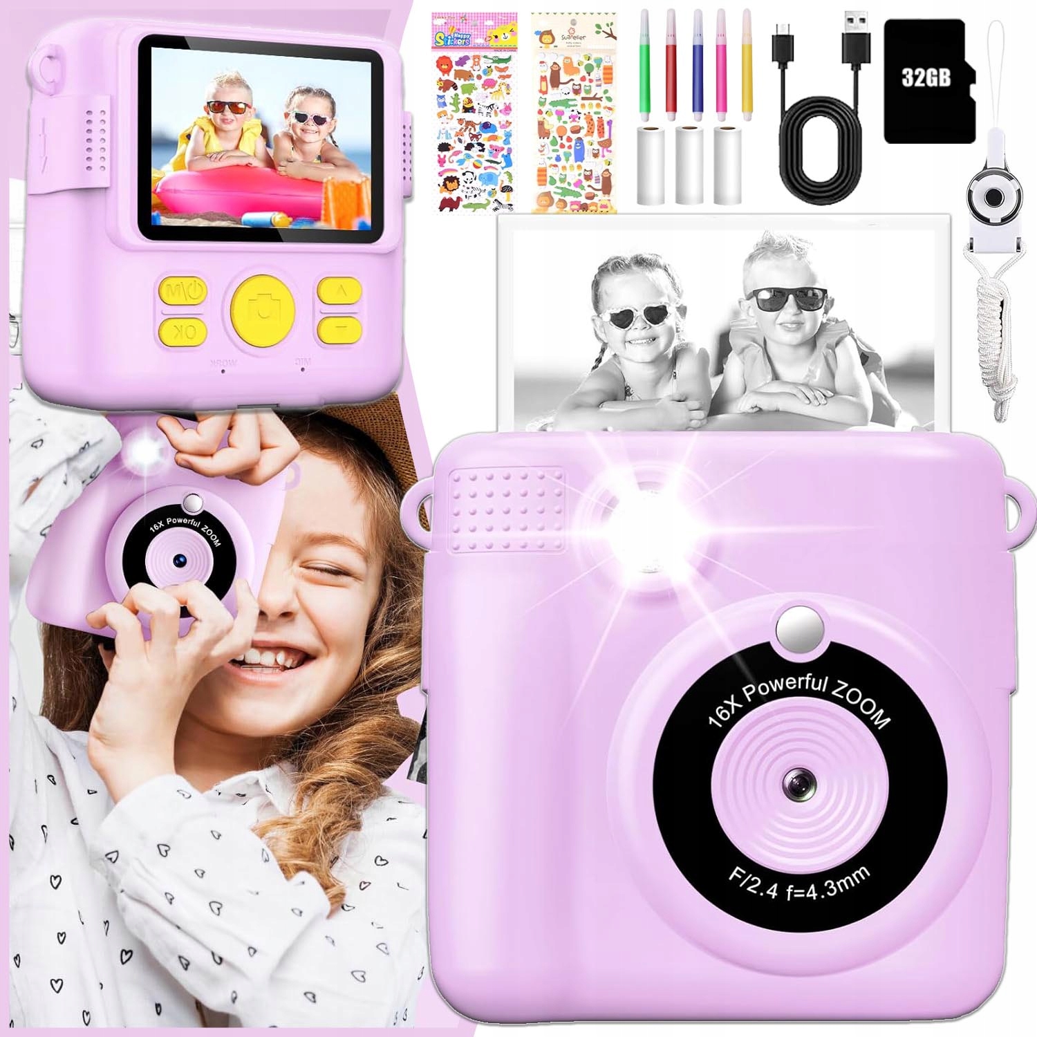 Fotoaparát Pro Děti, Instantní Fotoaparát S Potiskem, 16X Digitální Zoom