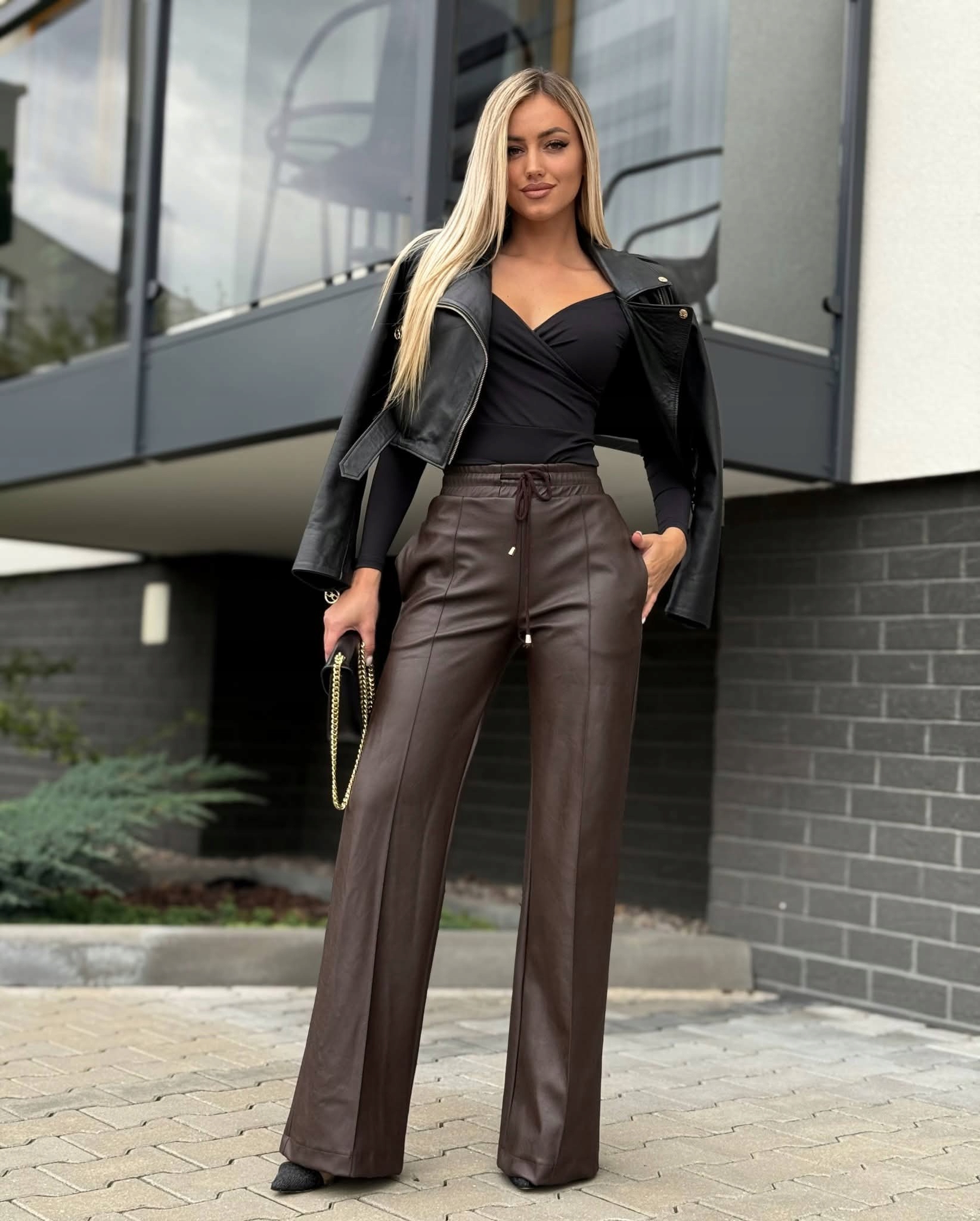 Dámské kalhoty Eko kůže Široké nohavice Wide Leg Kožené Čokoláda S