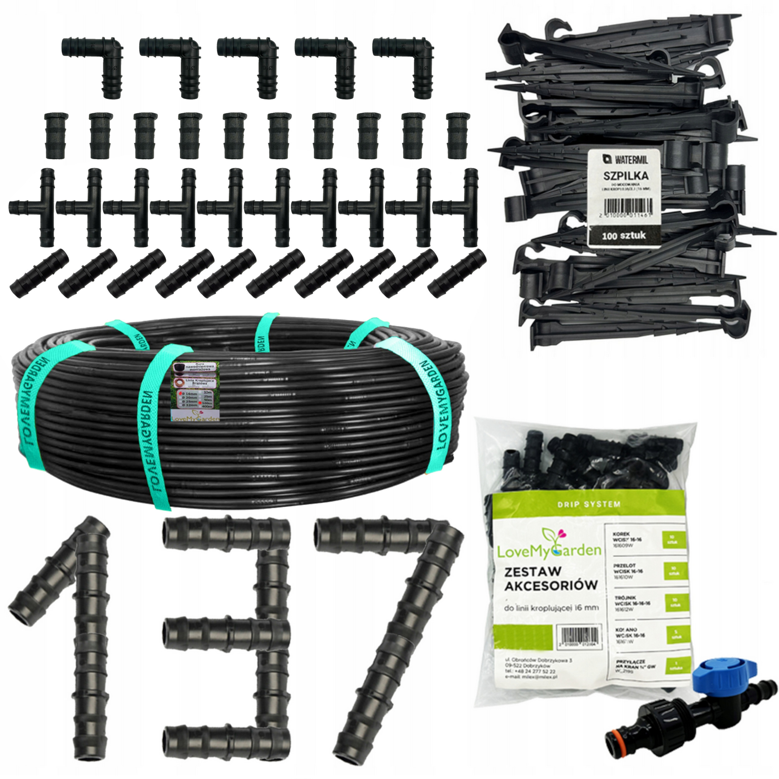 Linia kroplująca 16mm 100m z kompensacją 137 akcesoriów Wąż kropelkowy XXL