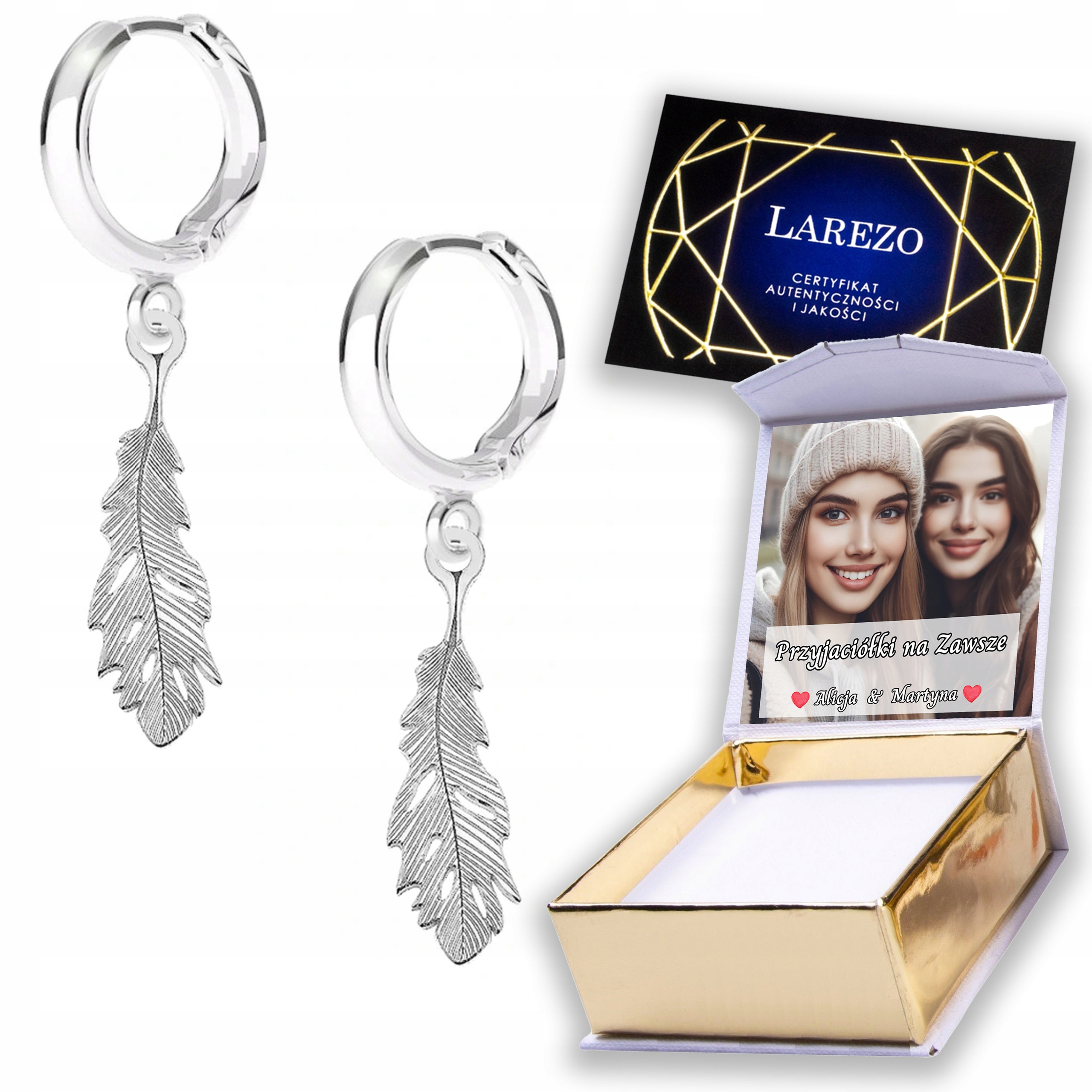 Stříbrné Náušnice 925 Ozdobné peří Pírka s peřím Listy Potisk