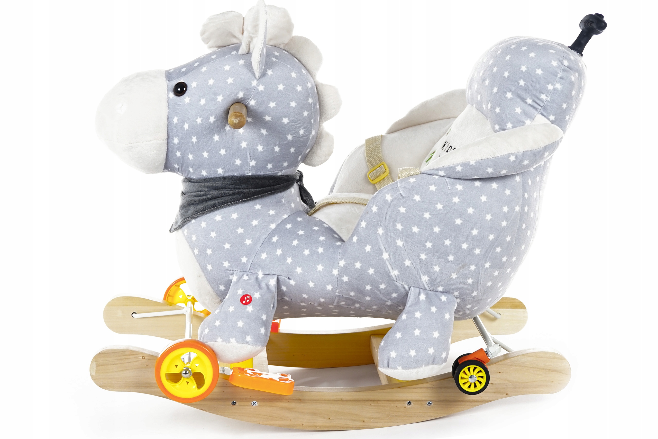 BUJAK JEŹDZIK PCHACZ KONIK NA BIEGUNACH 3w1 Z RĄCZKĄ KOŁA 360MÓWI PO POLSKU Materiał drewno plastik tkanina