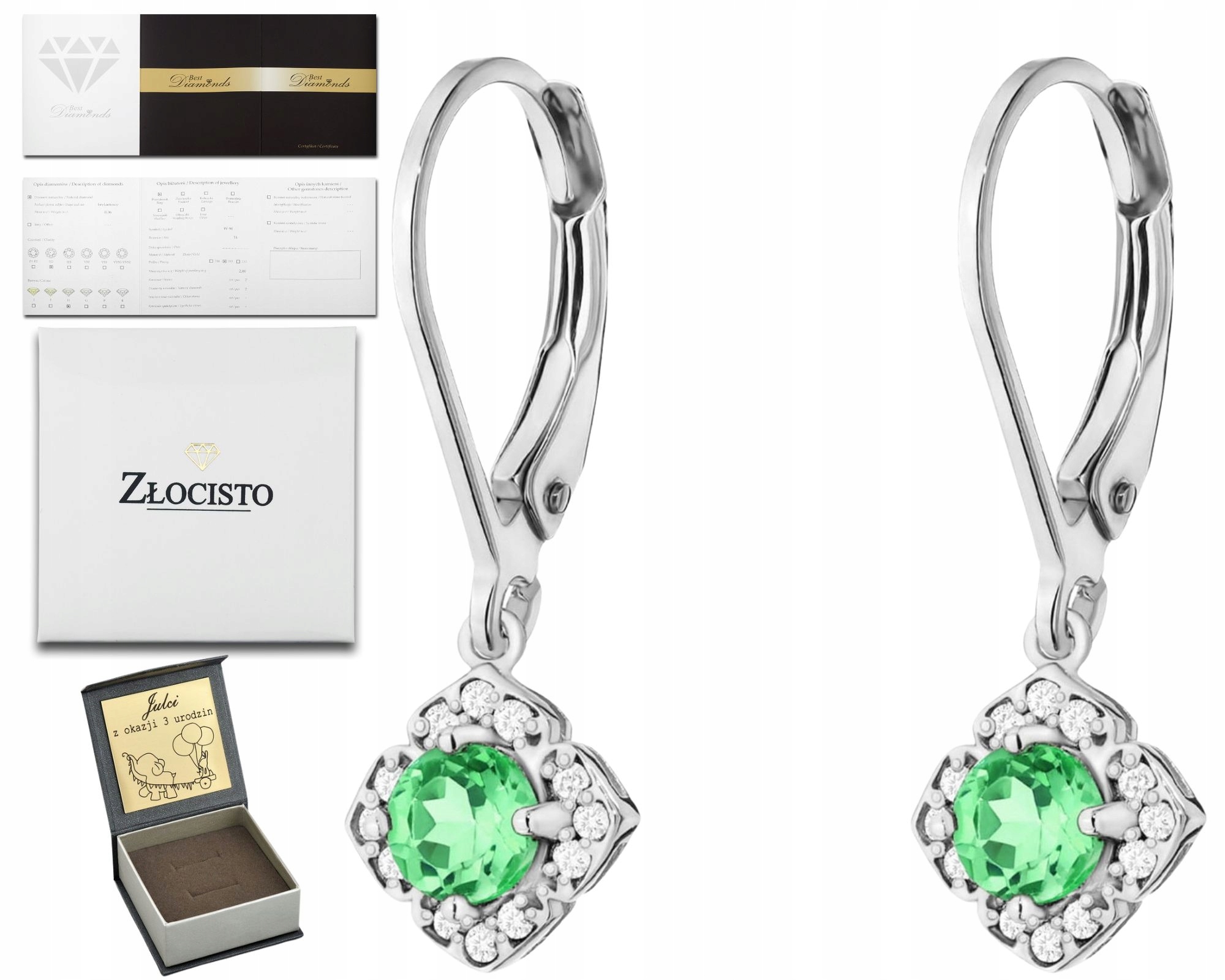 Bílé Zlato Náušnice Přírodní Kámen Zelený Smaragd A Diamanty 585