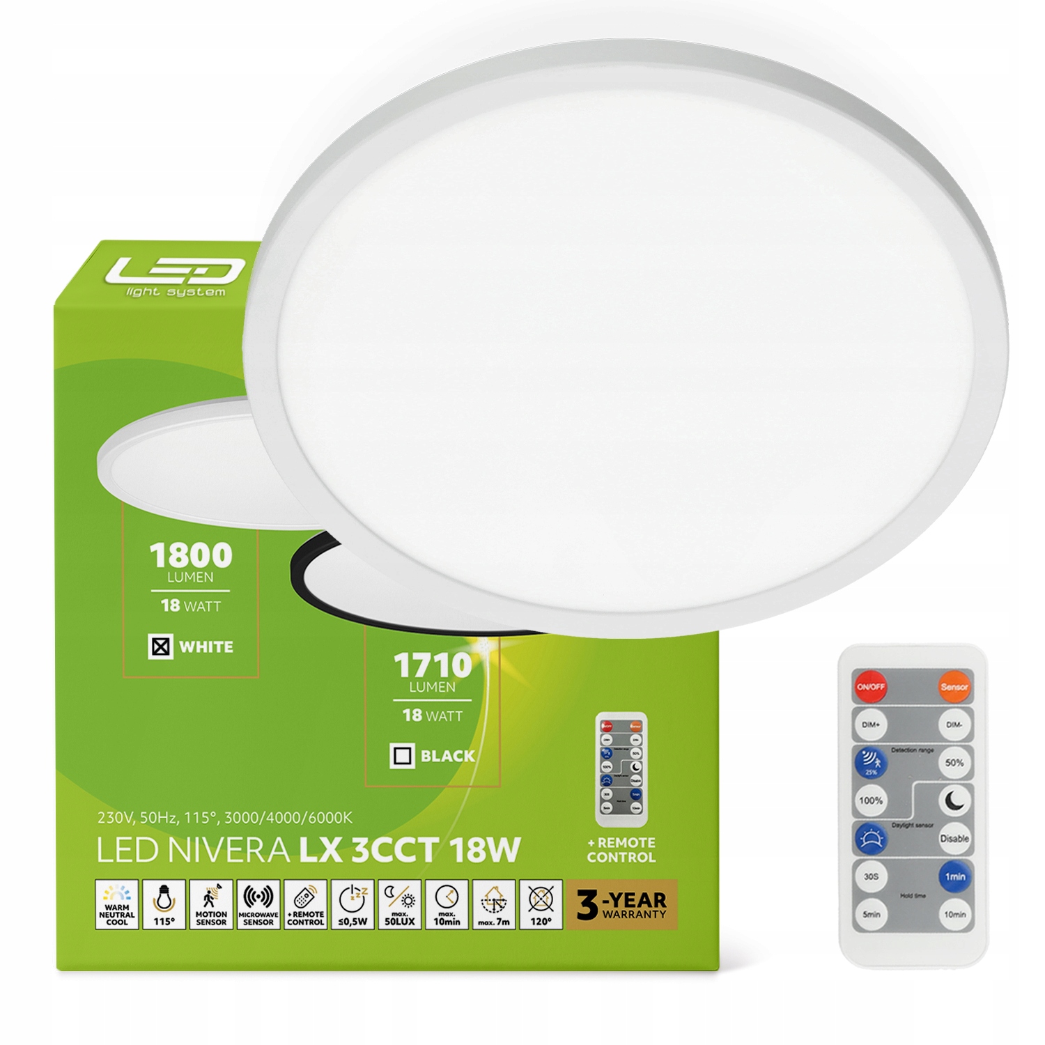 Led lampa Stropní Svítidlo 18W Venkovní pohybový senzor IP54 3000k, 4000k, 6000k