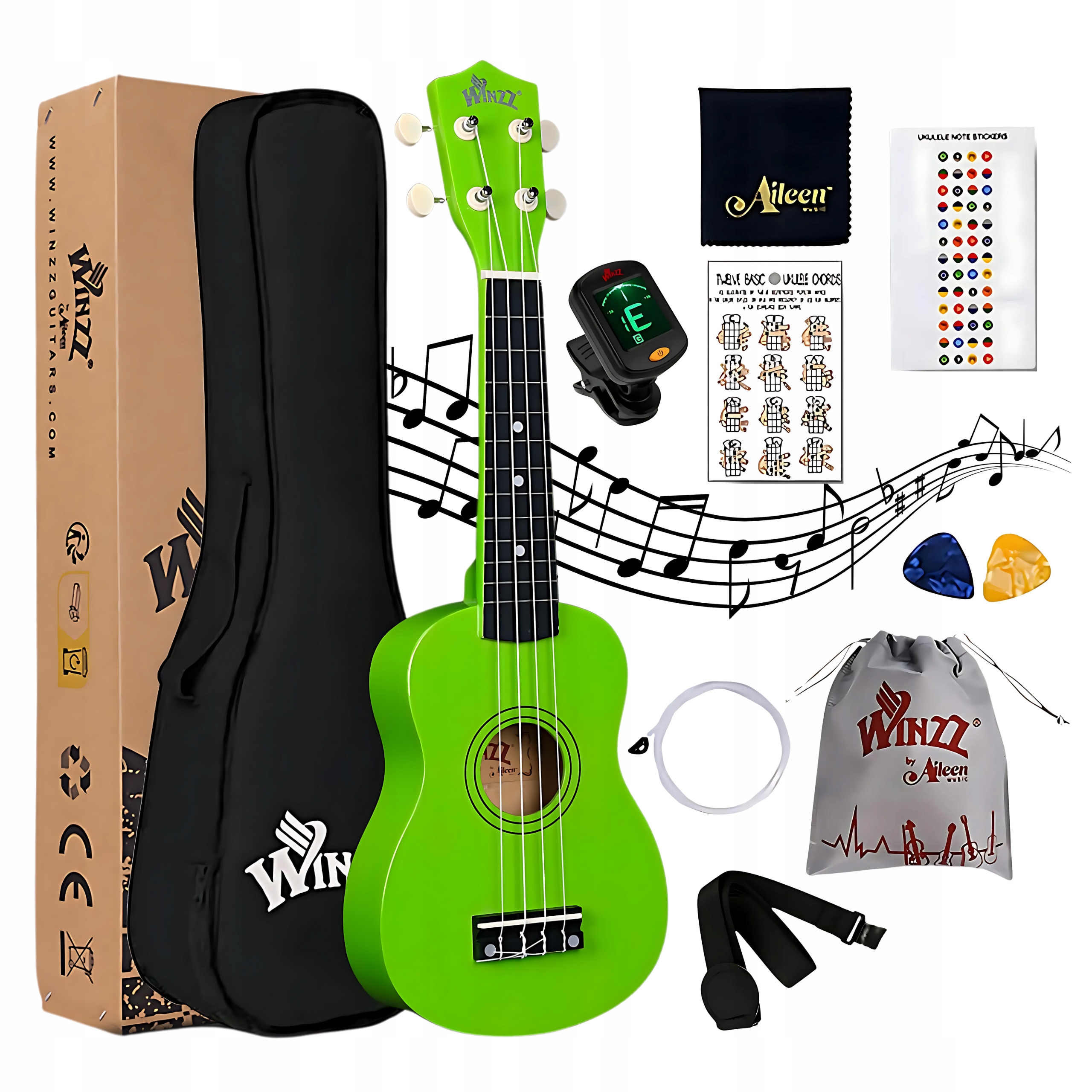 Sopránové ukulele Winzz zelené, pouzdro, pro začínající děti