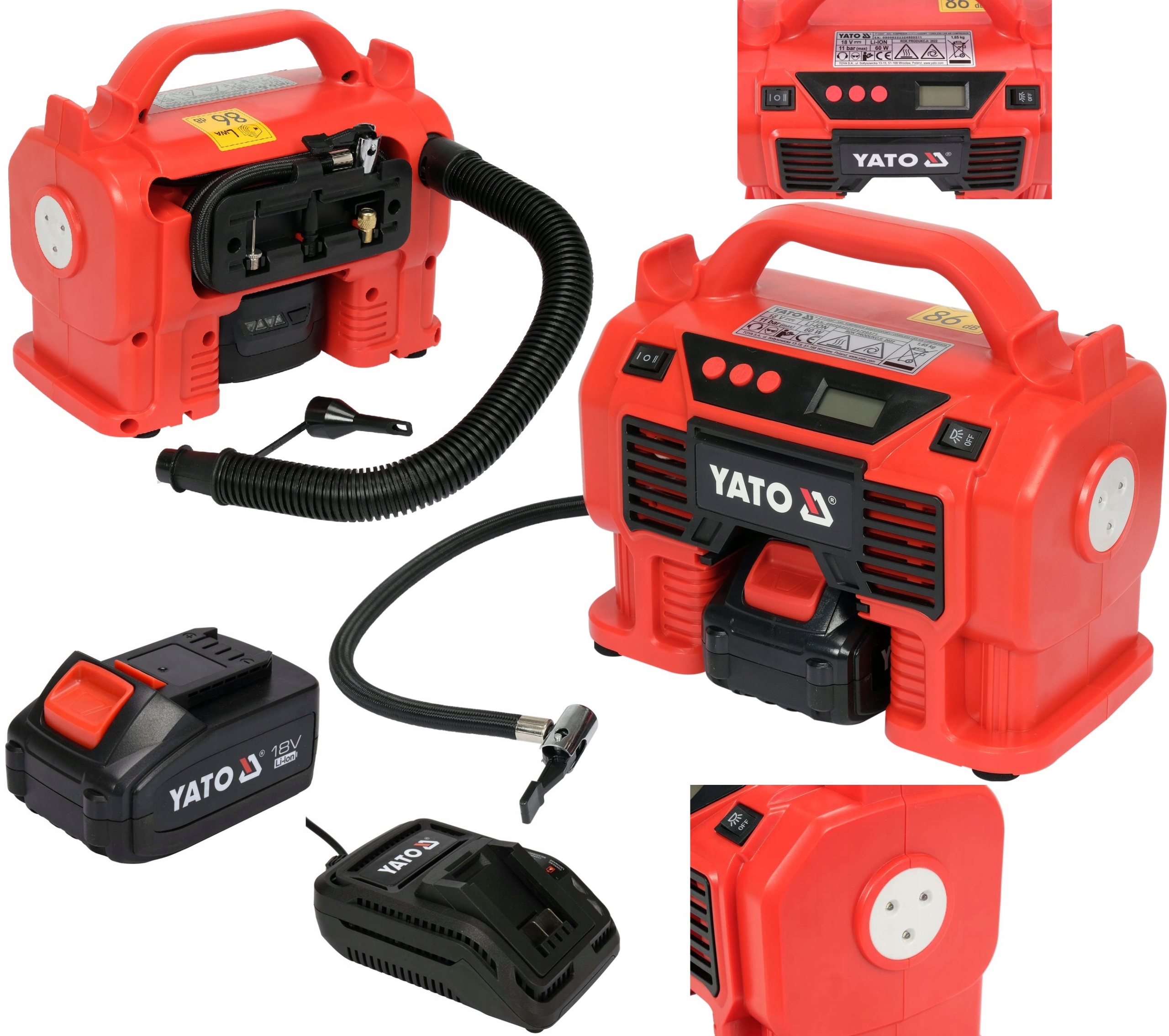Kompresor akumulatorowy + akumulator + ładowarka bezolejowy Yato