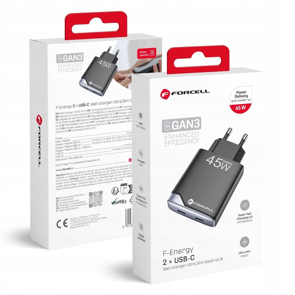 Ładowarka sieciowa do telefonu Forcell F-Energy Ultra Slim GaN III 2 x Usb