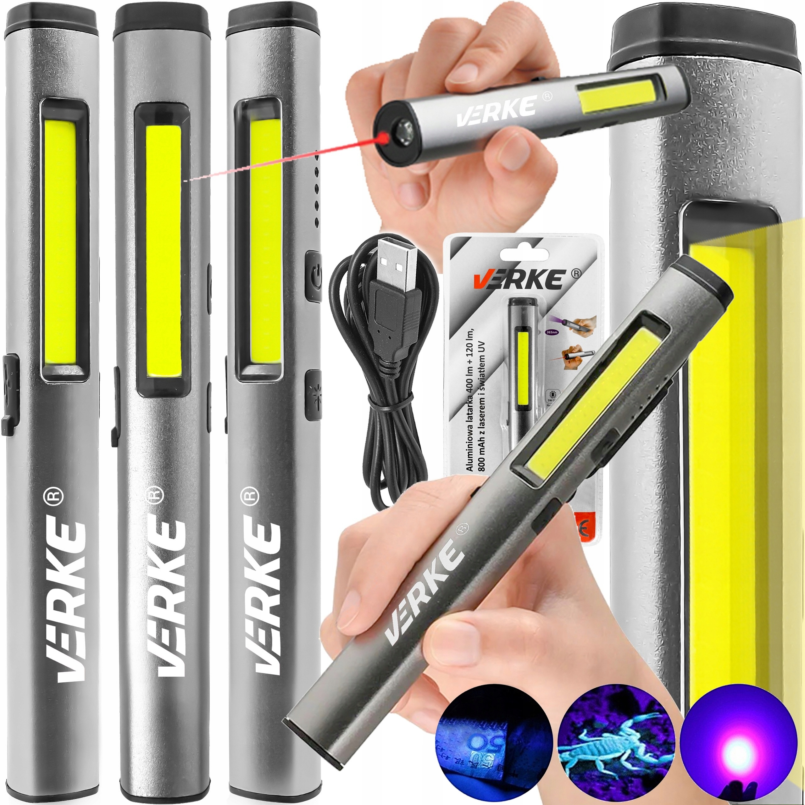 Lampka Warsztatowa Robocza Led Cob Latarka Akumulatorowa Magnesem Uv Laser