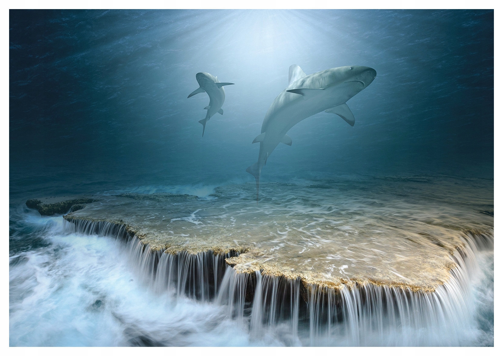 Vliesová fototapeta Žraloci oceán a vodopád světla 254x184 lepidlo