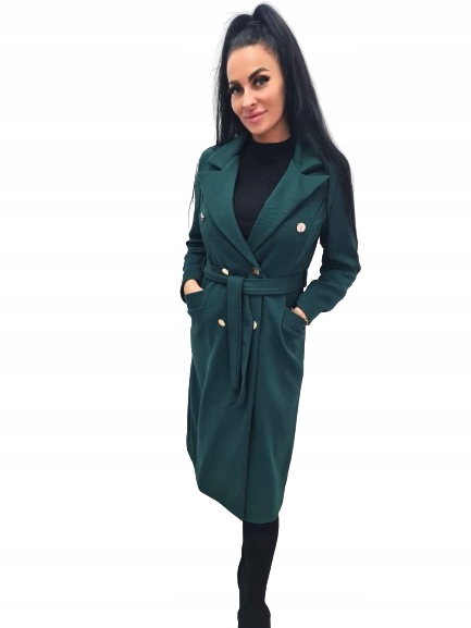 Jesienny Płaszcz Bellissima Z Paskiem I Złotymi Guzikami Ciemna Zieleń M.
