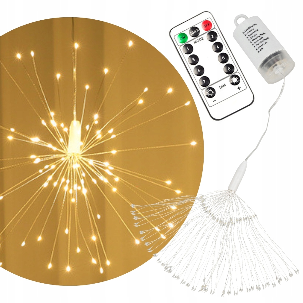 LED LAMPKI CHOINKOWE ZEWNĘTRZNE ŚWIĄTECZNE FAJERWERKI BIAŁA CIEPŁA PILOT