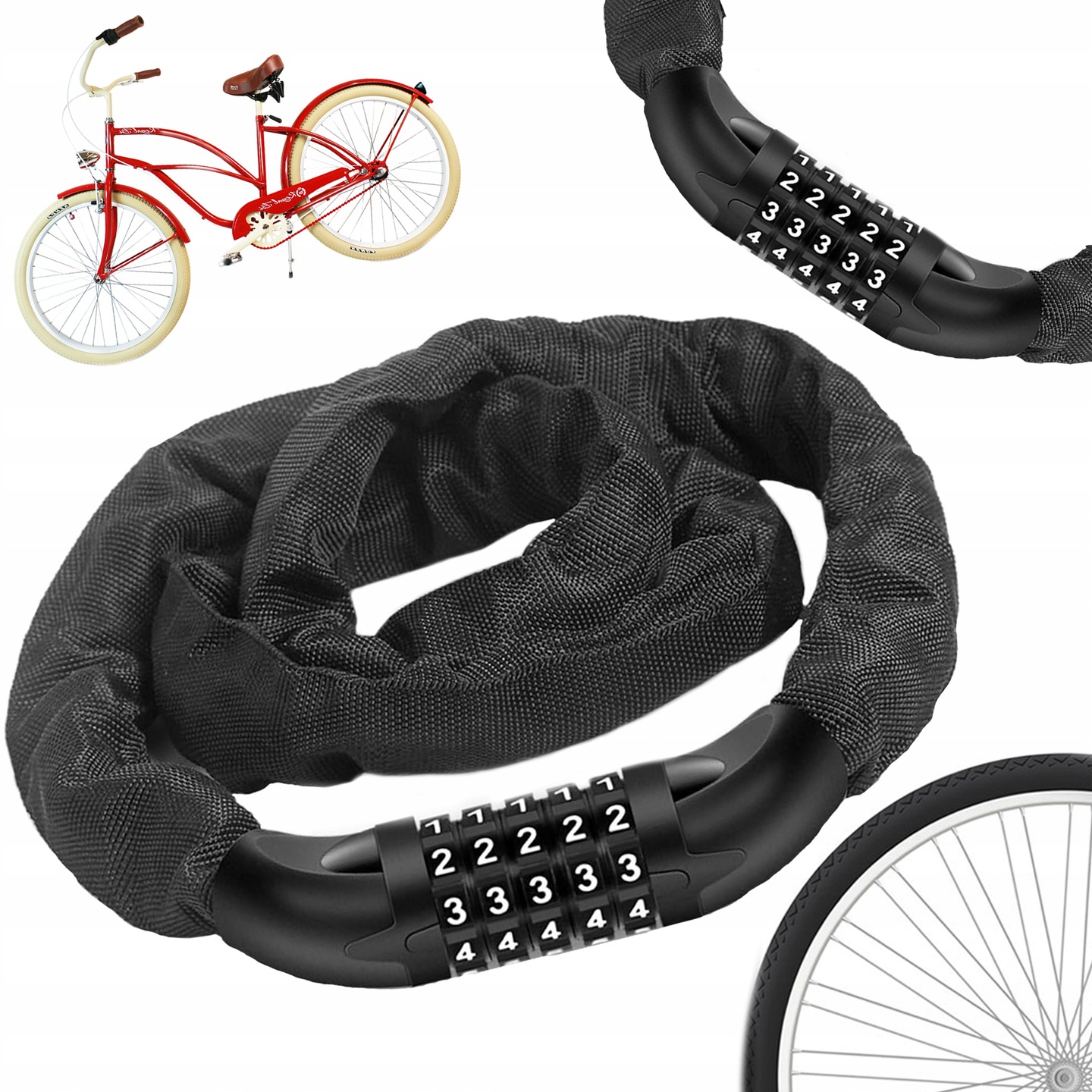 ŁAŃCUCH ZABEZPIECZENIE ROWERU BLOKADA ROWEROWA SOLIDNA 100CM ZAPIĘCIE SZYFR