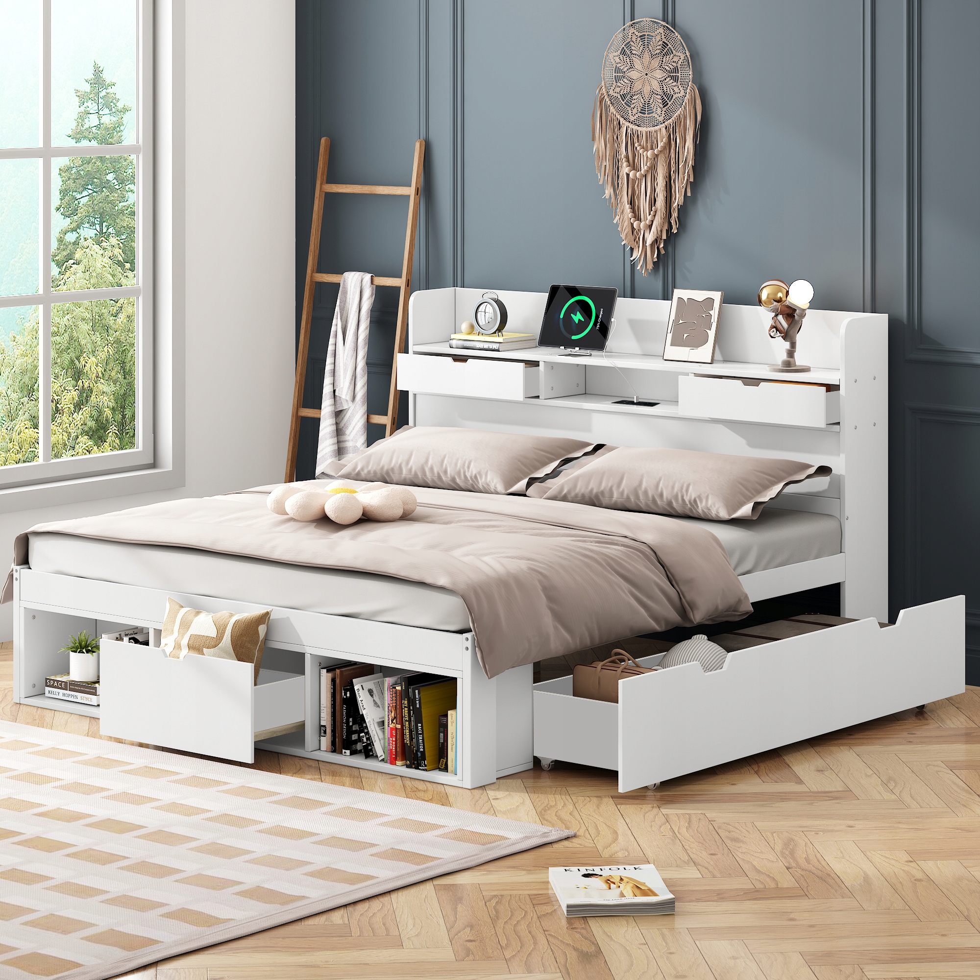Dvojlůžko 140*200 cm Dětská postel Usb Šuplík skříňka Bílá