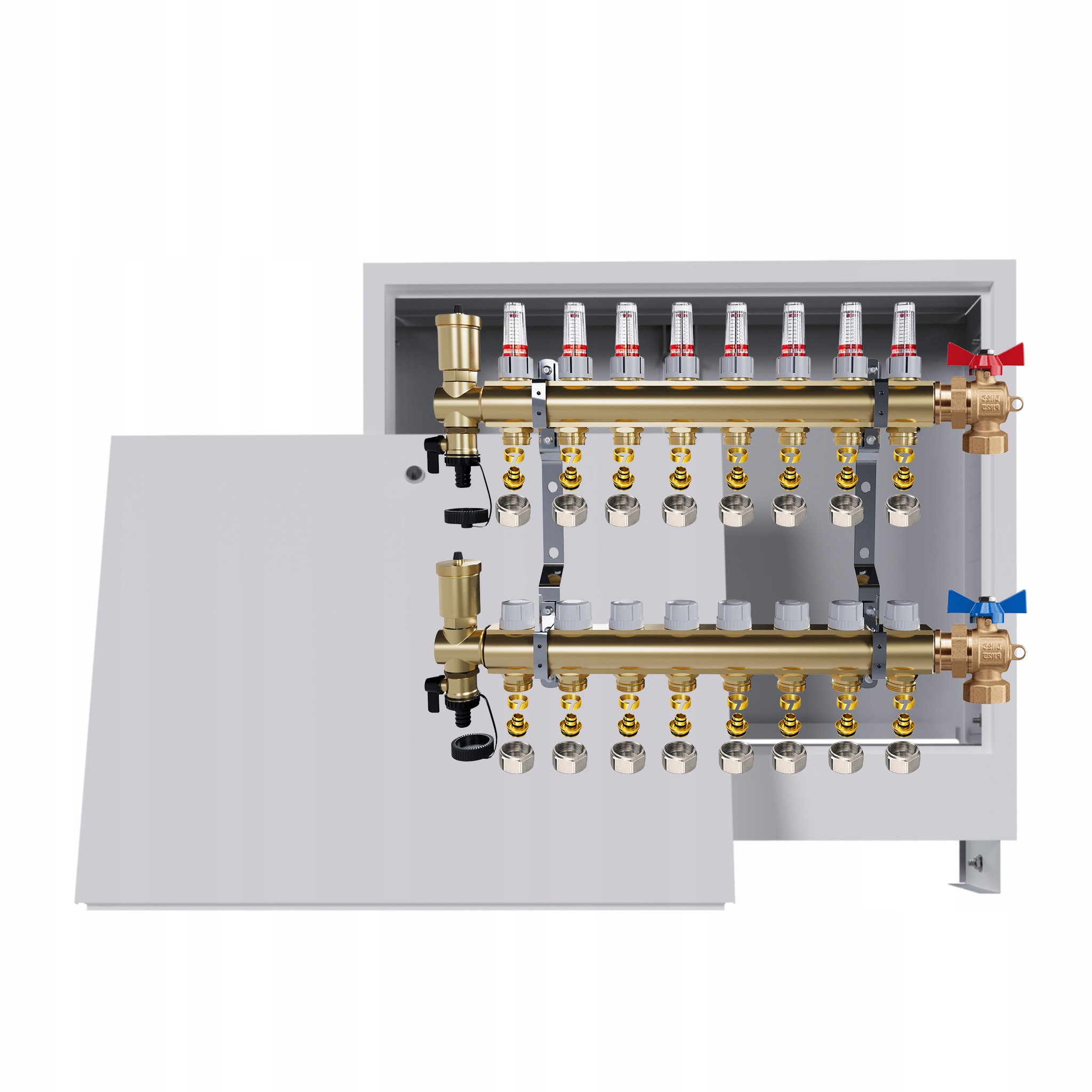 Rozdělovač podlahových krytin mosazný 8 okruhů Podomítková skříň ventily Pex