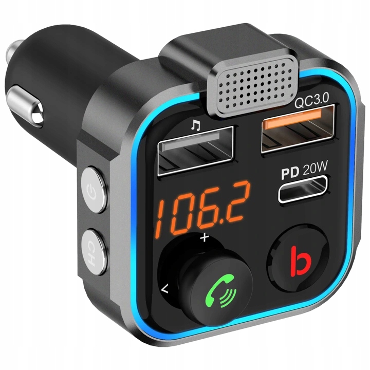 TRANSMITER BLUETOOTH AUDIO FM MP3 BT SZYBKA ŁADOWARKA 3X USB QC 3.0 RGB Model 74-166# USB C PD 20W