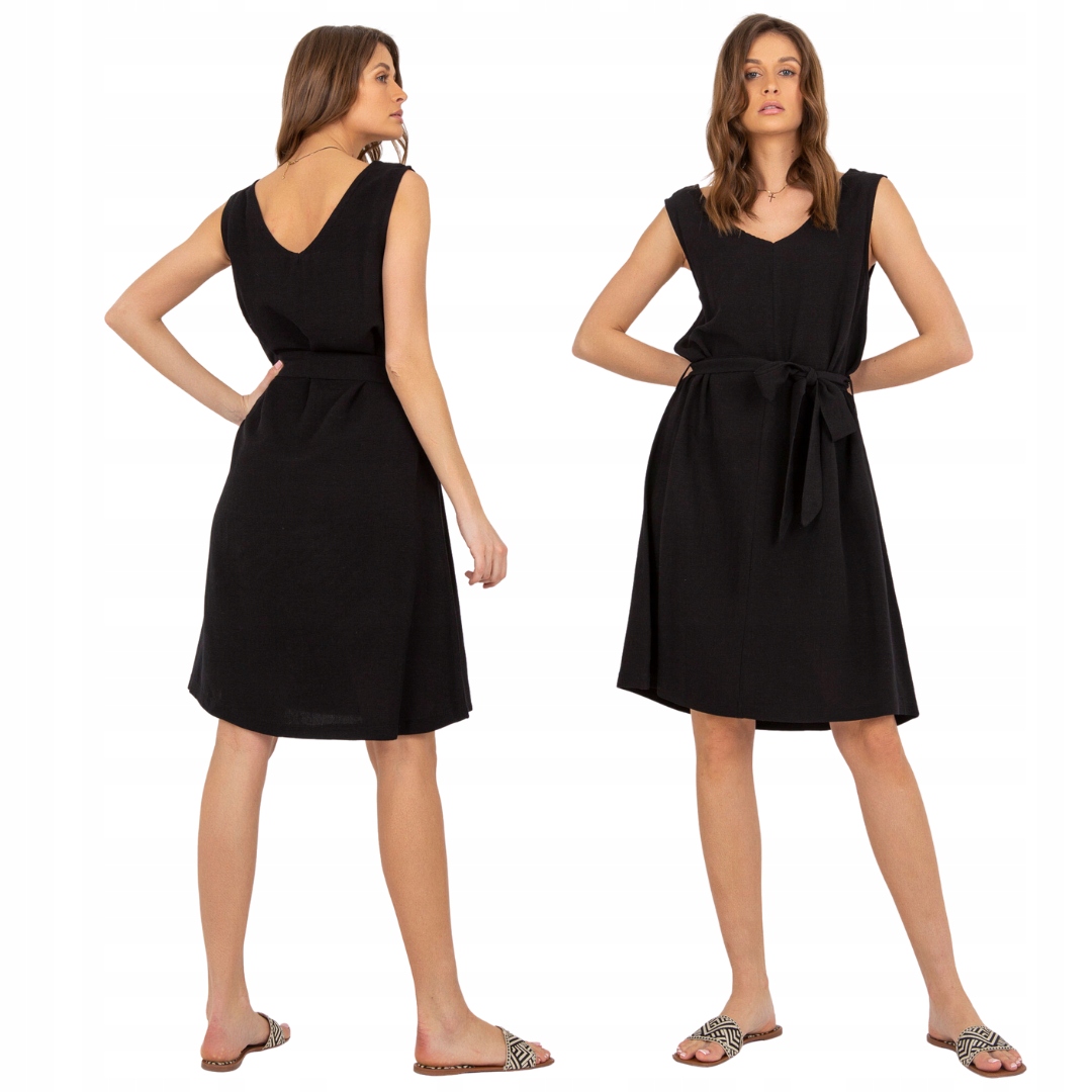 Šaty Lniana midi Oversize s páskem černá XL