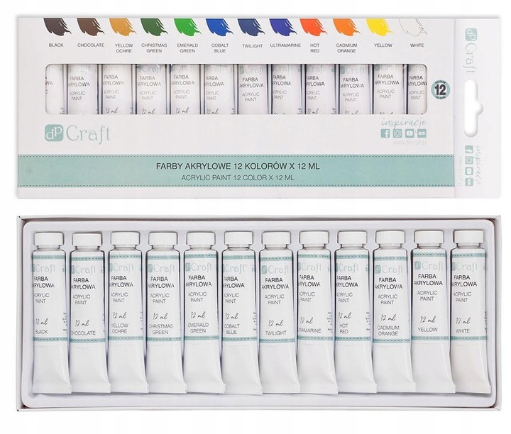 Farby AKRYLOWE 12 kolorów SZKOLNE 12ml KOLORY Rodzaj farby akrylowe