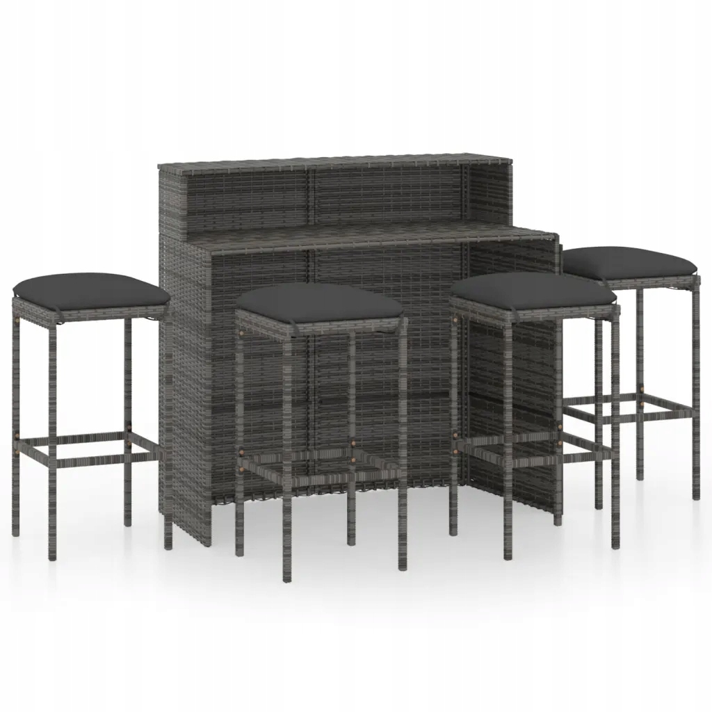Barový set nábytku šedý Pe ratan s antracitovými polštáři 120x55x110 cm