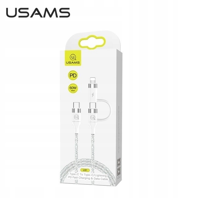 Usams Kabel pleciony U31 Usb-c na USB-C/lightning 60W Pd Fast Charge biały/
