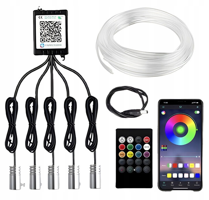 ZESTAW OŚWIETLENIA DO WNĘTRZA AUTA ŚWIATŁOWÓD AMBIENTE RBG 7M APLIKACJA Stan opakowania oryginalne