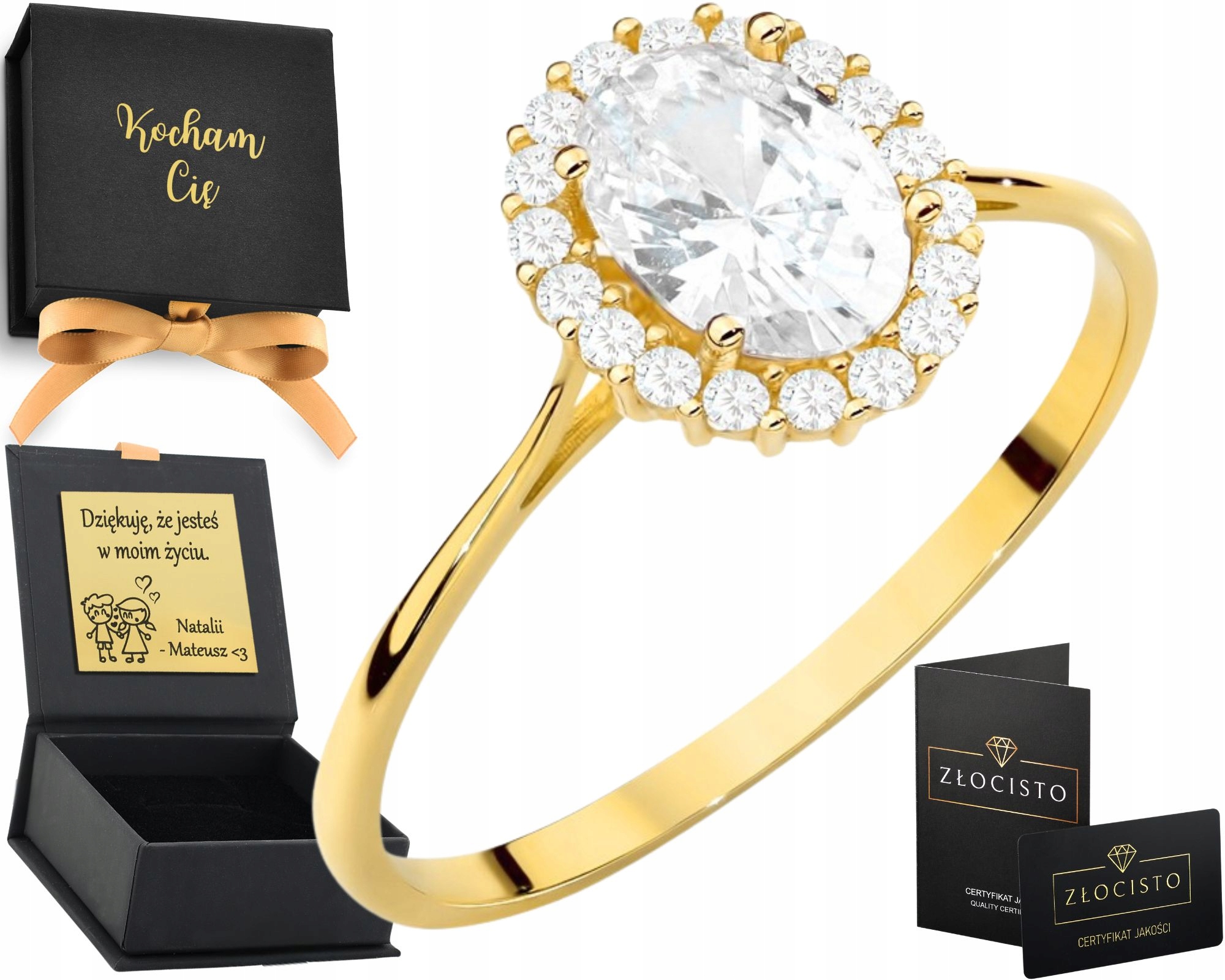 Zlatý prsten Elegantní Ovál Obklopený zirkony Mieniacy Sie 585