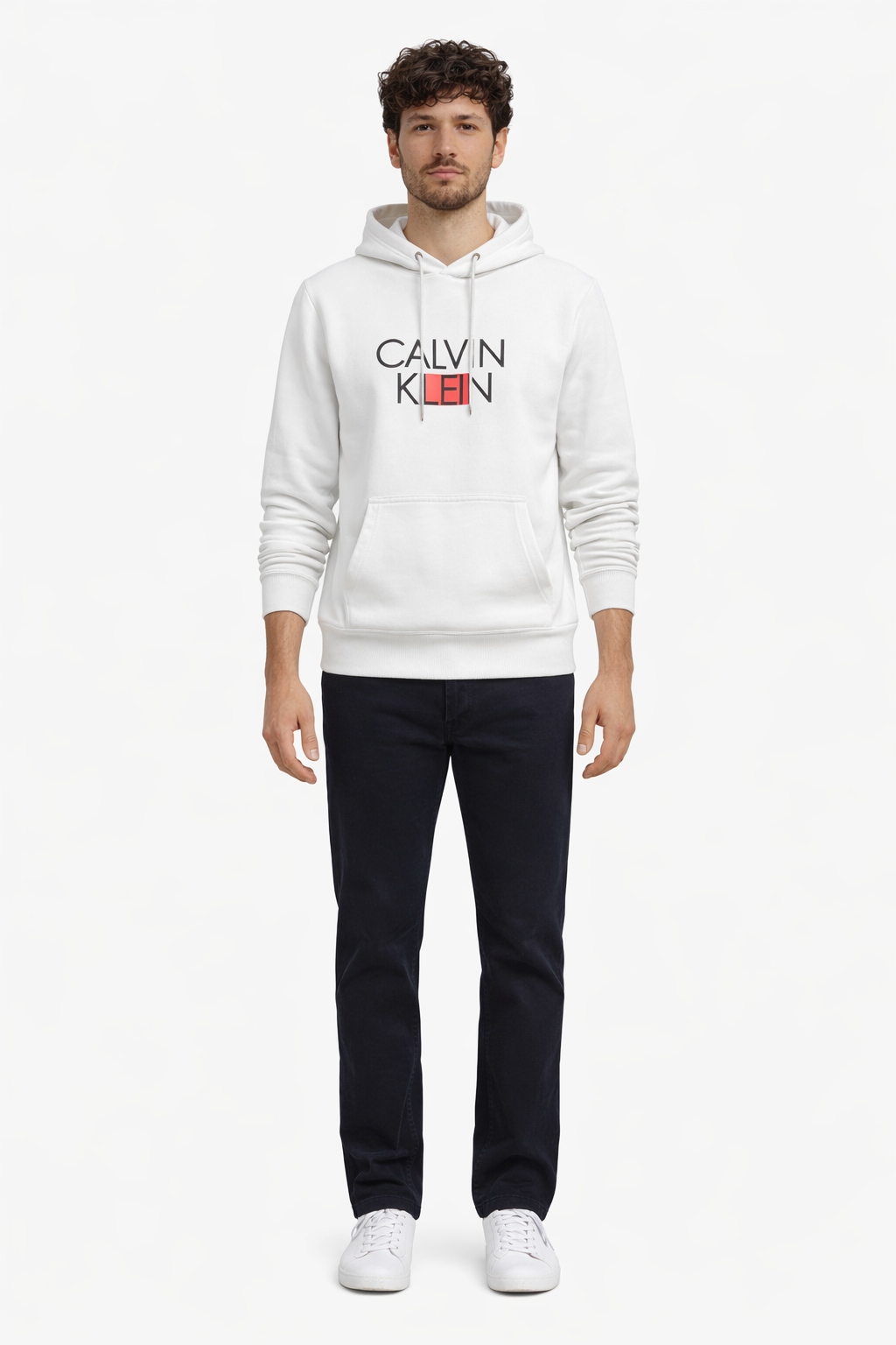 Calvin Klein Bílá Mikina S Kapucí S Červeným Logem I4B