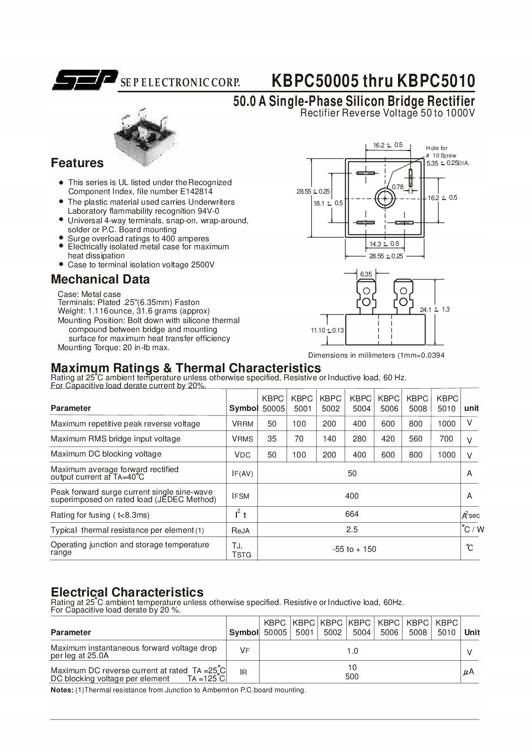 MOSTEK PROSTOWNICZY 50A 1000V KBPC5010 Kod producenta KBPC5010 50A 1000V