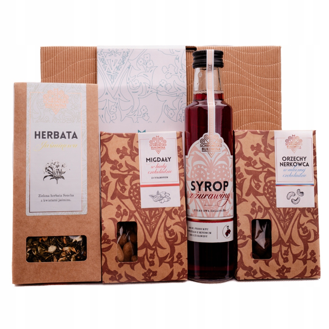 Den dědečka, krabička Schronisko Bukowina, sirup, ořechy v čokoládě