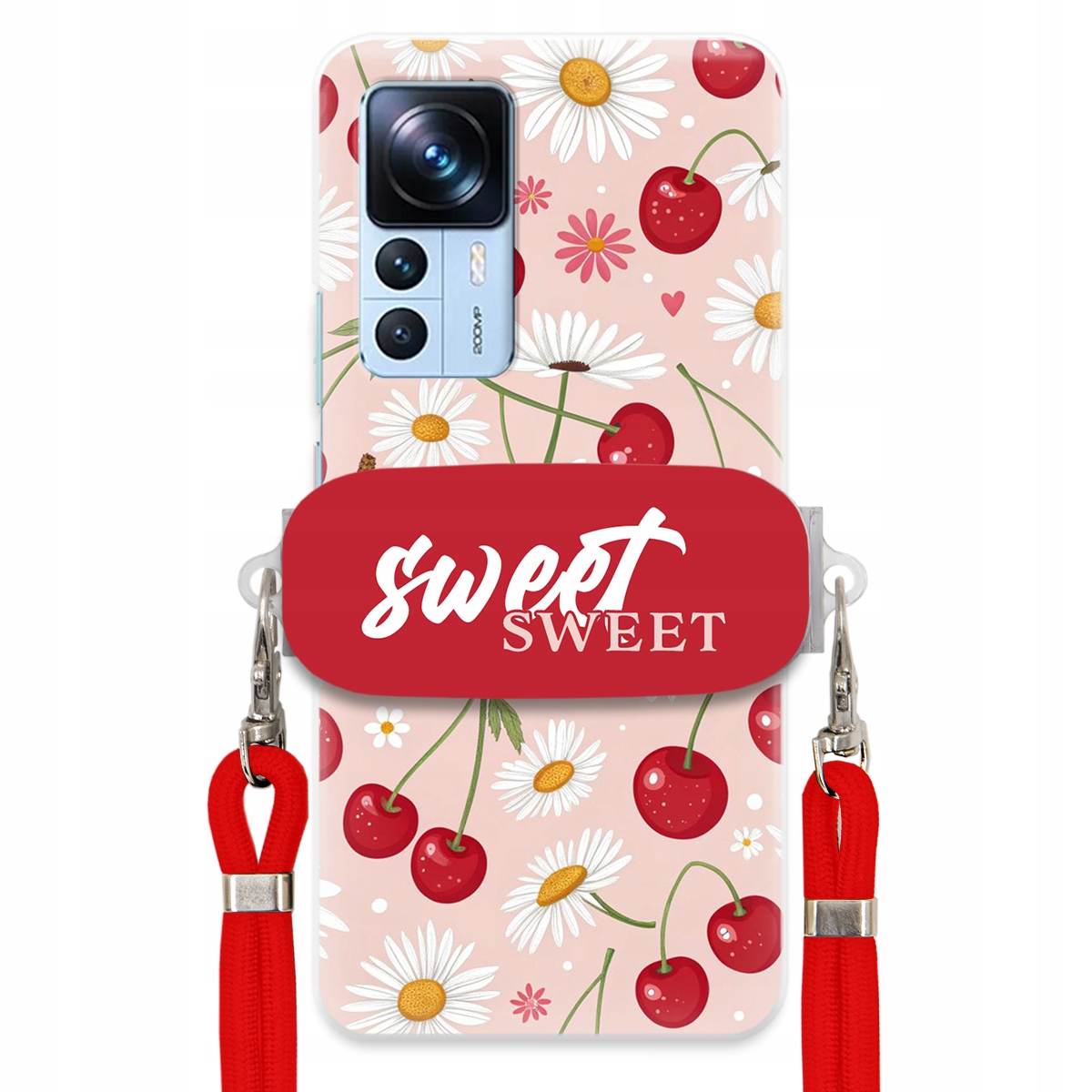 Puzdro pre Xiaomi 12T Červené vodítko držiak Sweet Sweet Čerešňa a sedmokráska