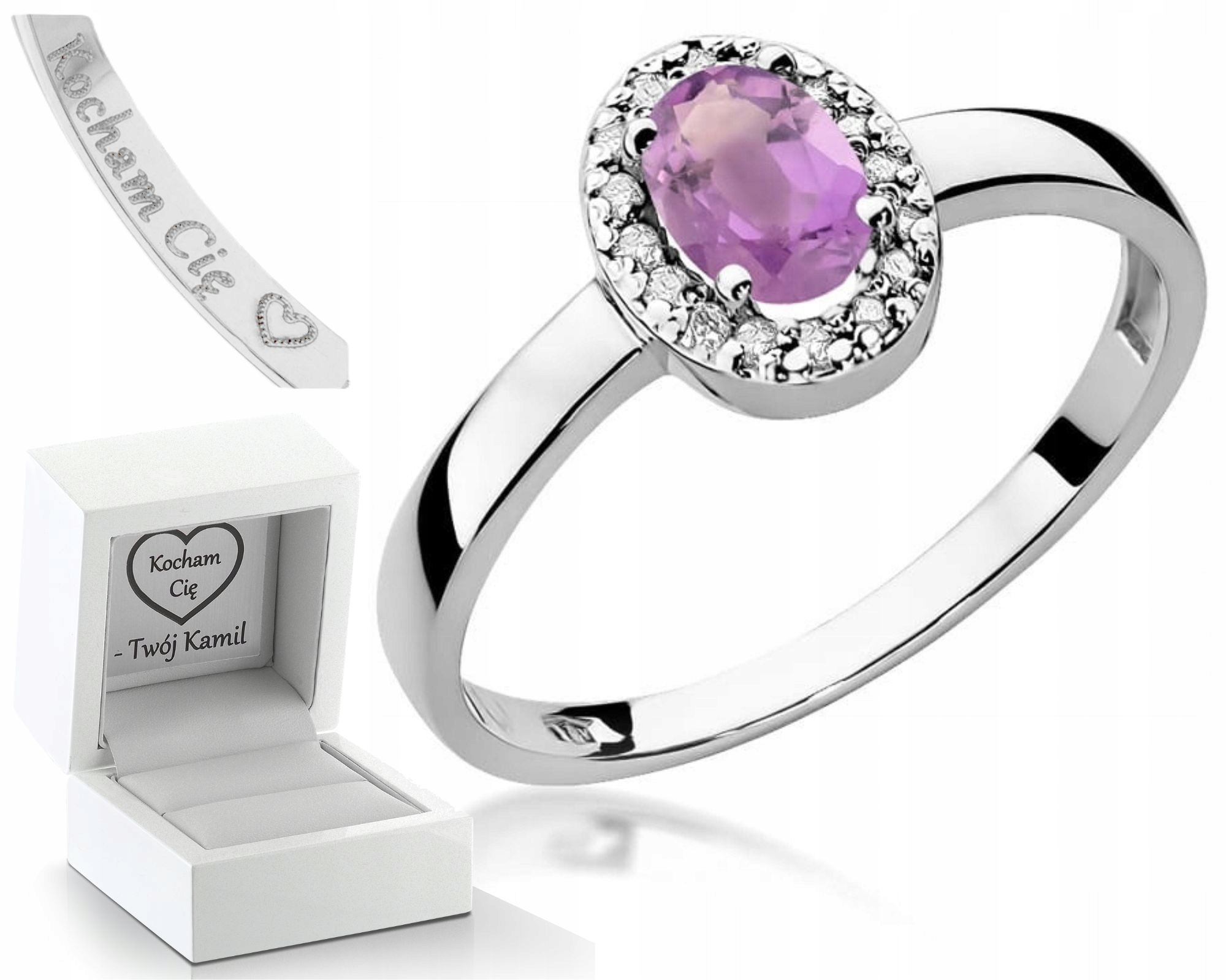 Zásnubní Prstýnek Ametyst Diamanty Bílé Zlato Gravírování 585 Bonus