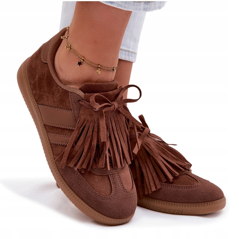 Sneakersy Damskie Eko Zamszowe Niskie Z Frędzlami Brązowe 36