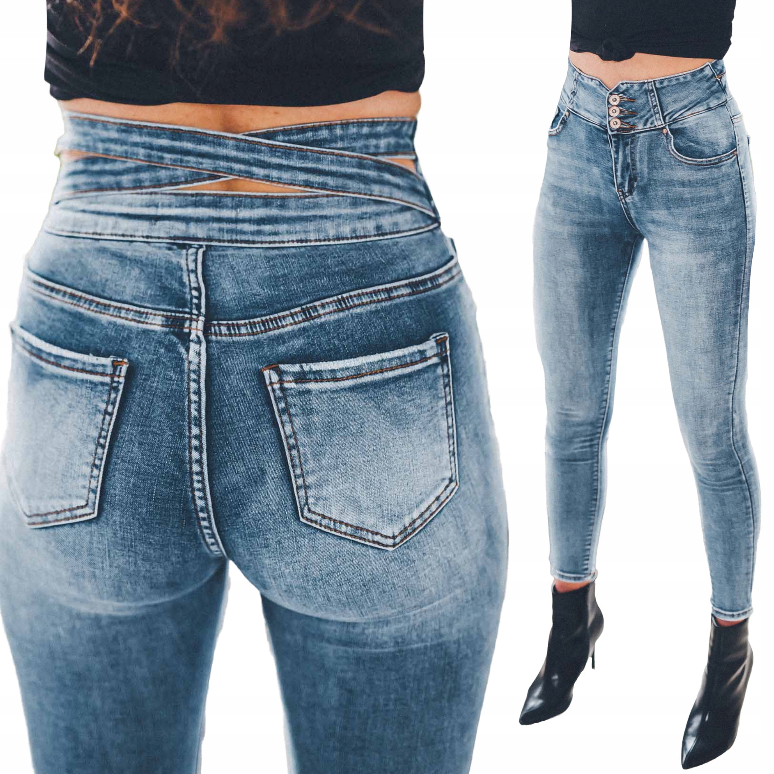 

Jeansowe spodnie damskie rurki wycięcie stan L