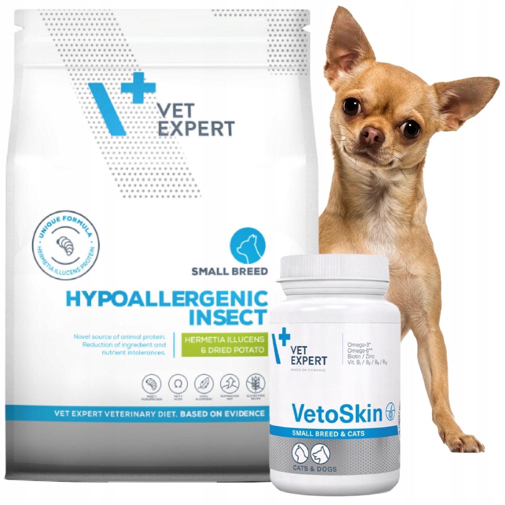 Sucha karma dla psów Hypoallergenic Insect 8kg VetoSkin Zestaw Vet Expert