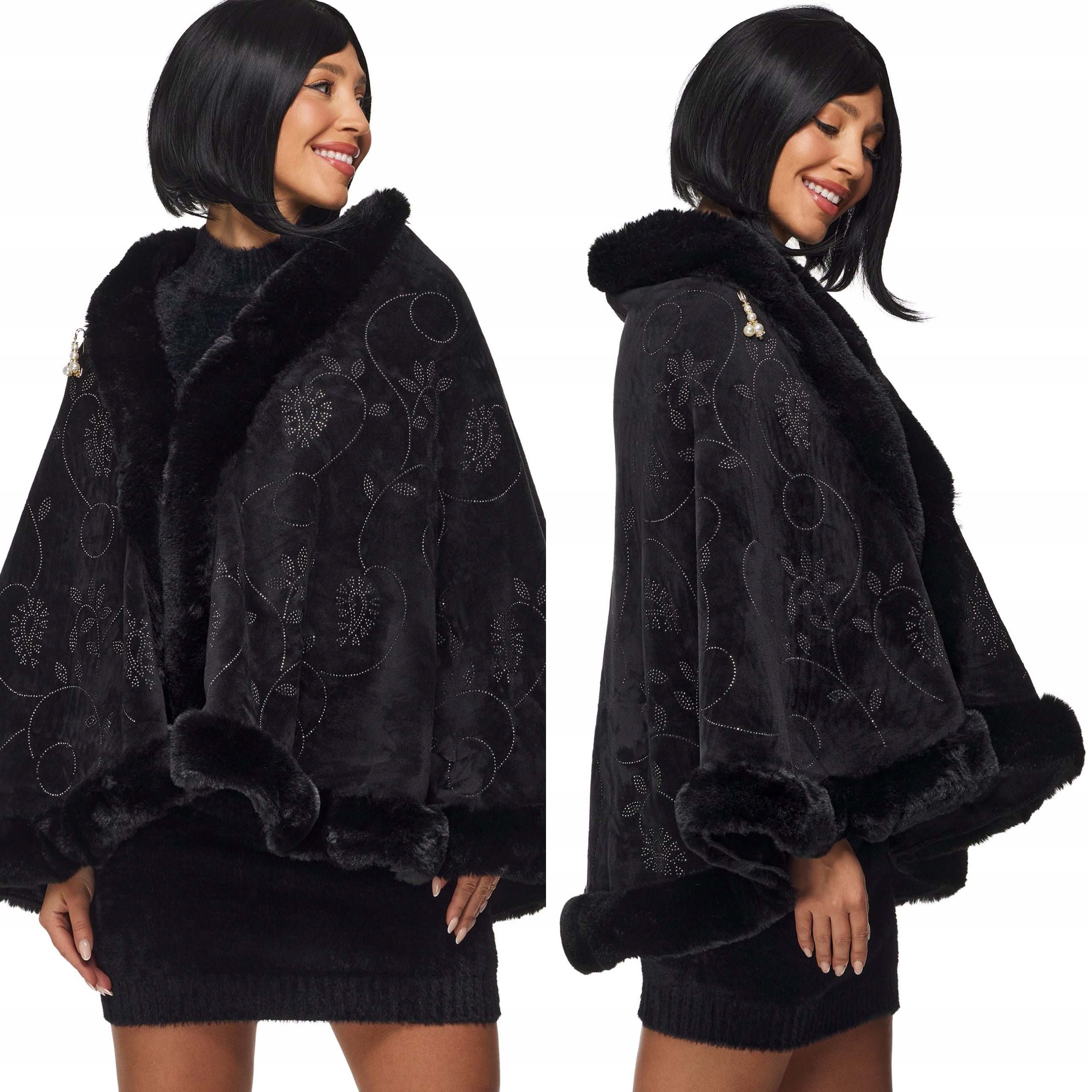 Dámské Pončo Bolerko elegantní přehoz teplá přikrývka s kožešinou černá