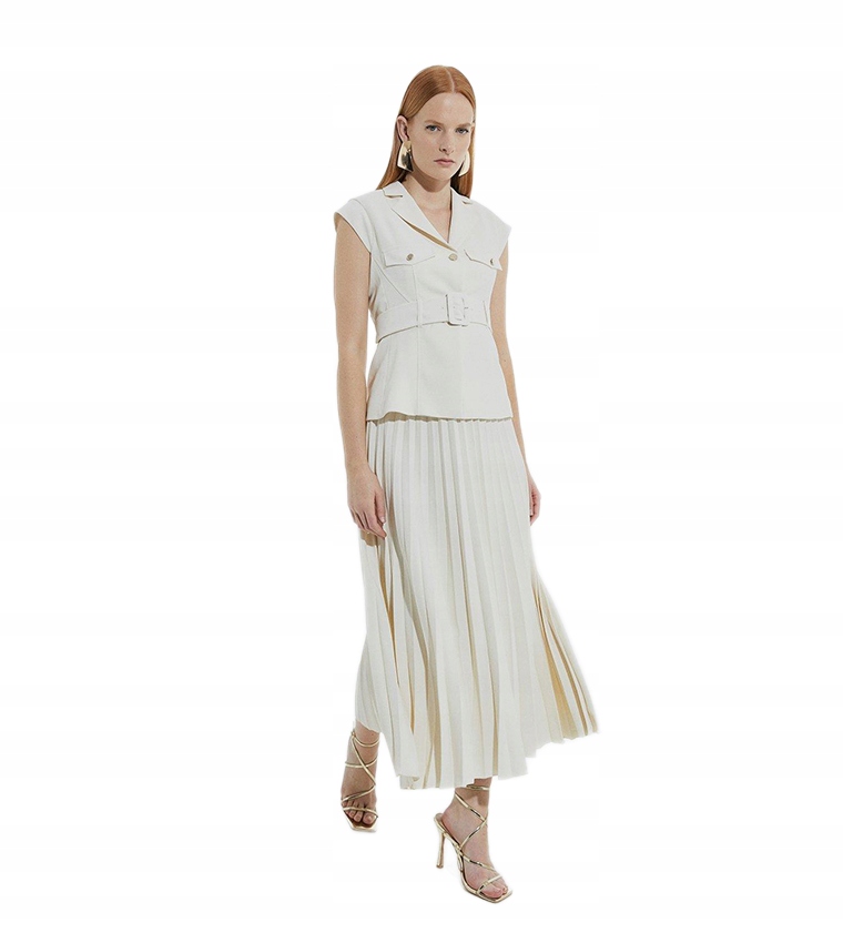 Karen Millen Krémová Šaty S Plisovaným Spodním Dílem A Páskem 34 Z3A