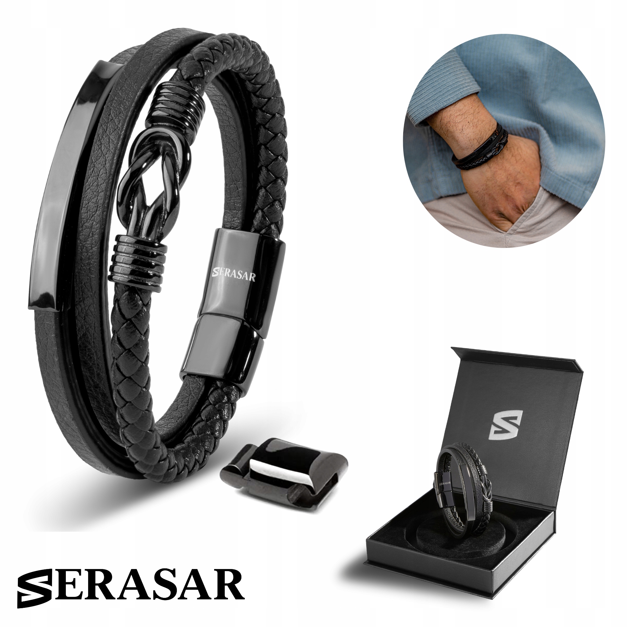 Serasar, Bransoleta skórzana męska "Proud" czarna, 20cm