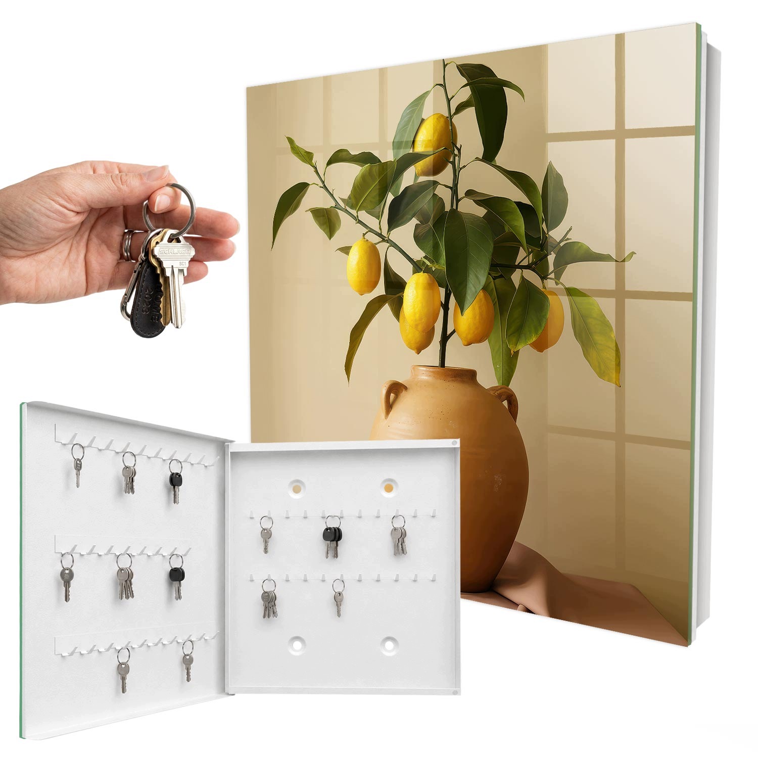 Organizérová skříňka na klíče Citrony v džbánu Bílá levá 30x30 cm