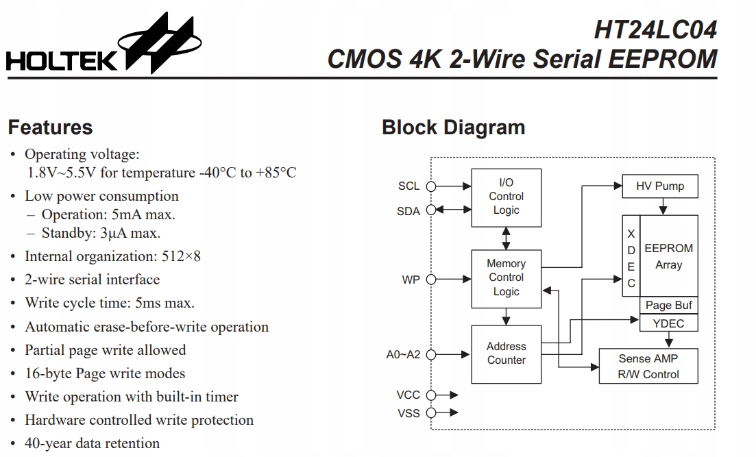[10szt] 24LC04 EEPROM CMOS 4K 1.8-5,5V SOP-8 Kod producenta HT24LC04