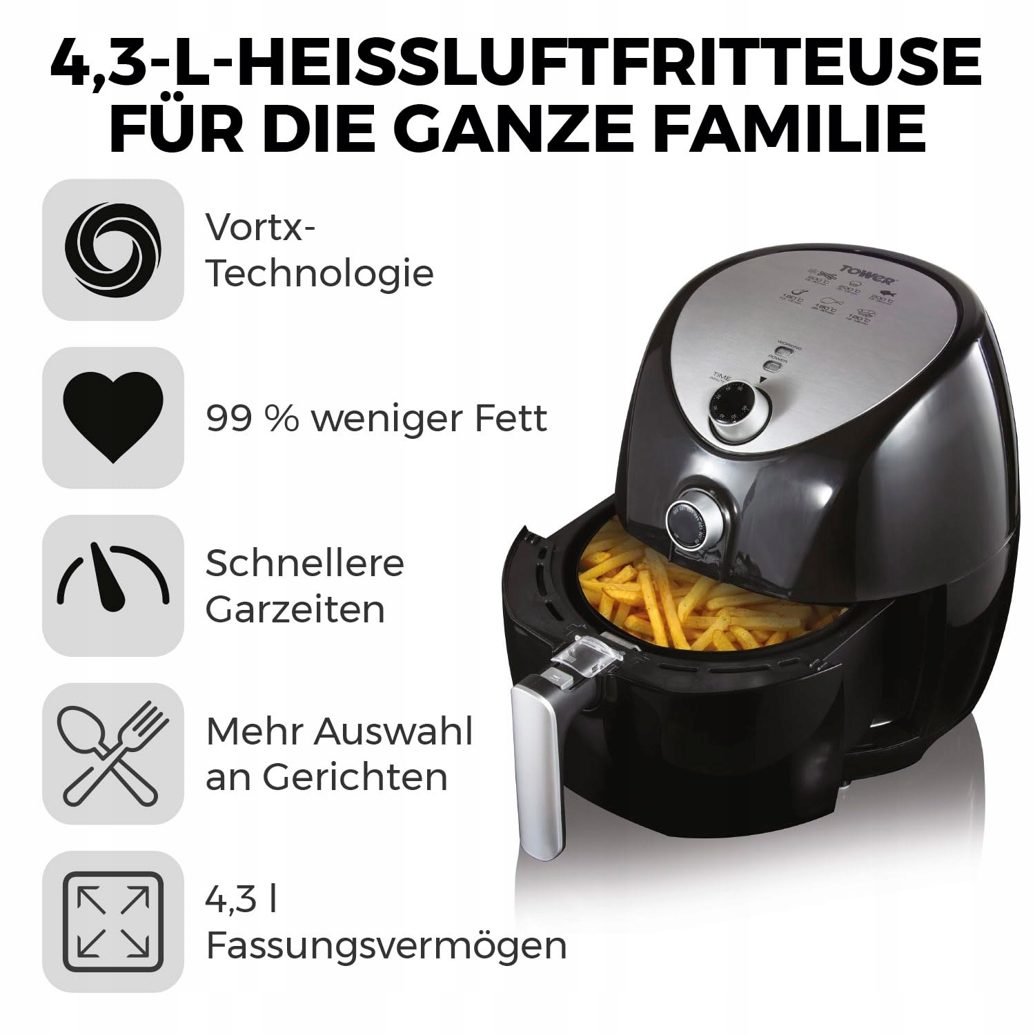 TOWER Frytkownica Beztłuszczowa 4,3L 1500W Dla Rodziny Timer 60 Minut — miniatura 3