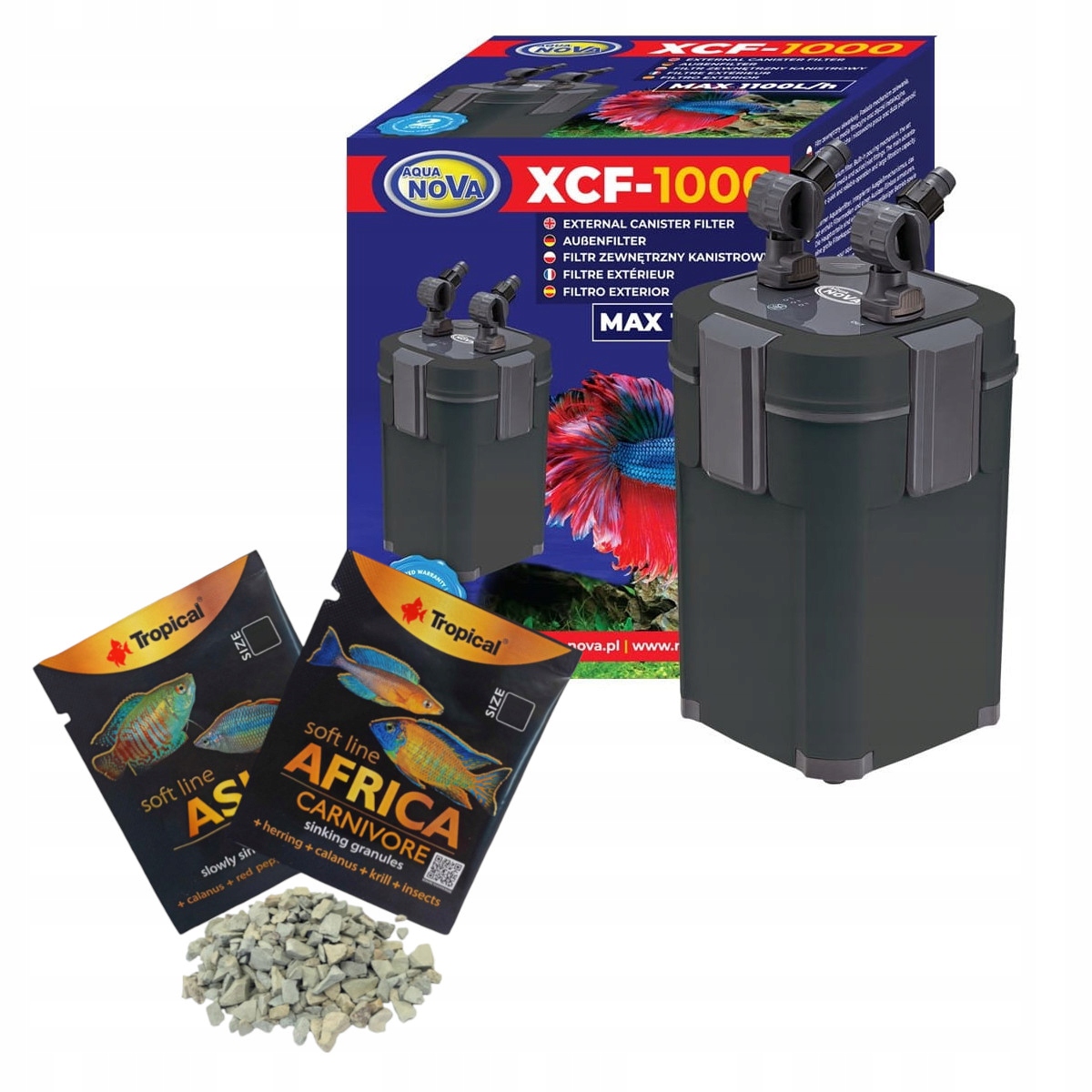 Aqua Nova XCF-1000 Filtr zewnętrzny kubełkowy do akwarium 200l gratisy