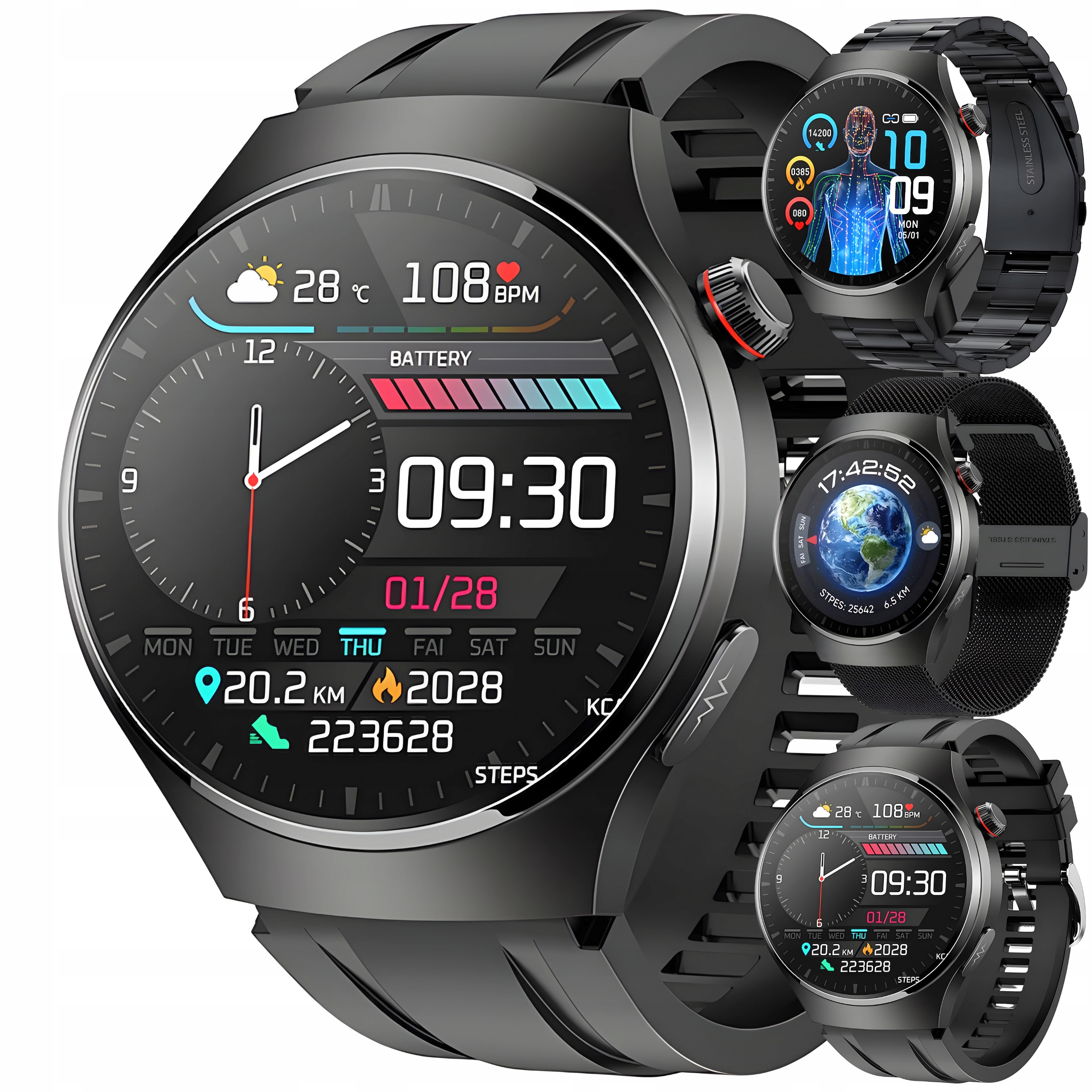 SMARTWATCH KARDIOWATCH MĘSKI EKG CUKIER HRV ROZMOWY 3 PASKI SZKŁO MENU PL