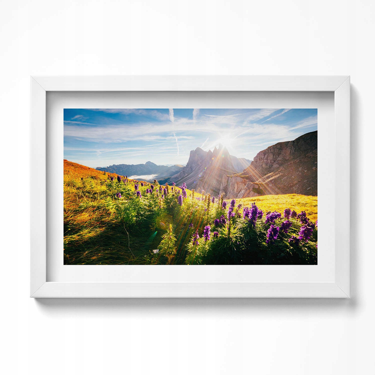 Dekorativní obraz s grafikou v krásném bílém rámu Krajina Dolomity 30x20 cm