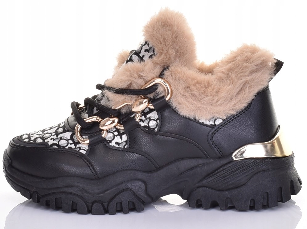 OCIEPLANE DAMSKIE BUTY ZIMOWE SPORTOWE ŚNIEGOWCE SKÓRZANE Z FUTERKIEM Kolor czarny