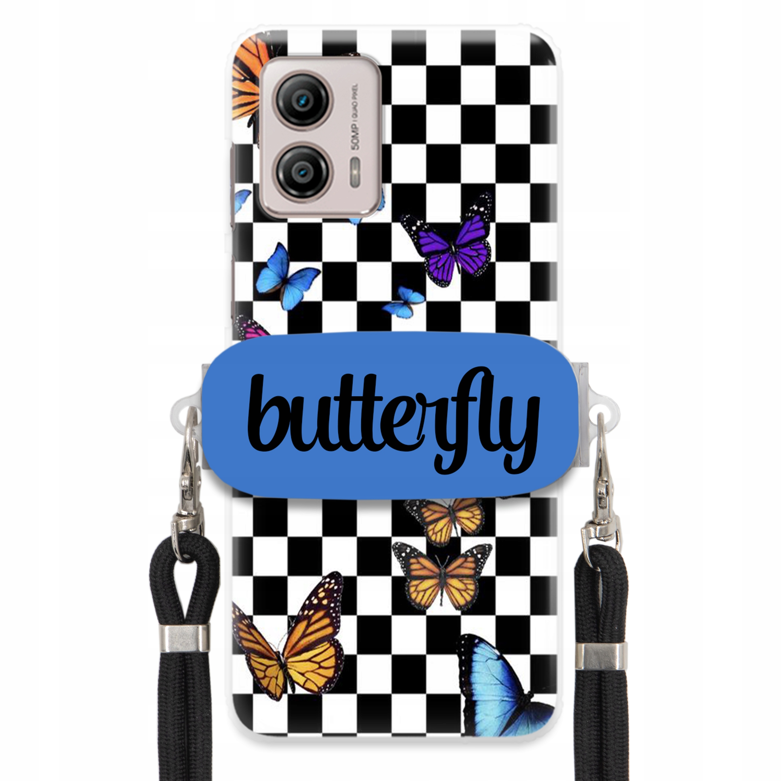 Pouzdro Pro Motorola G53 Case Obdélníkový Držák Černé Vodítko Butterfly Motýli