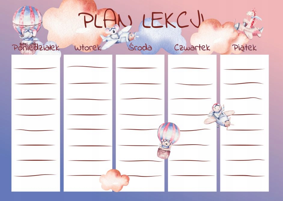 Plan Lekcji A4 SAMOLOTY ZWIERZAKI