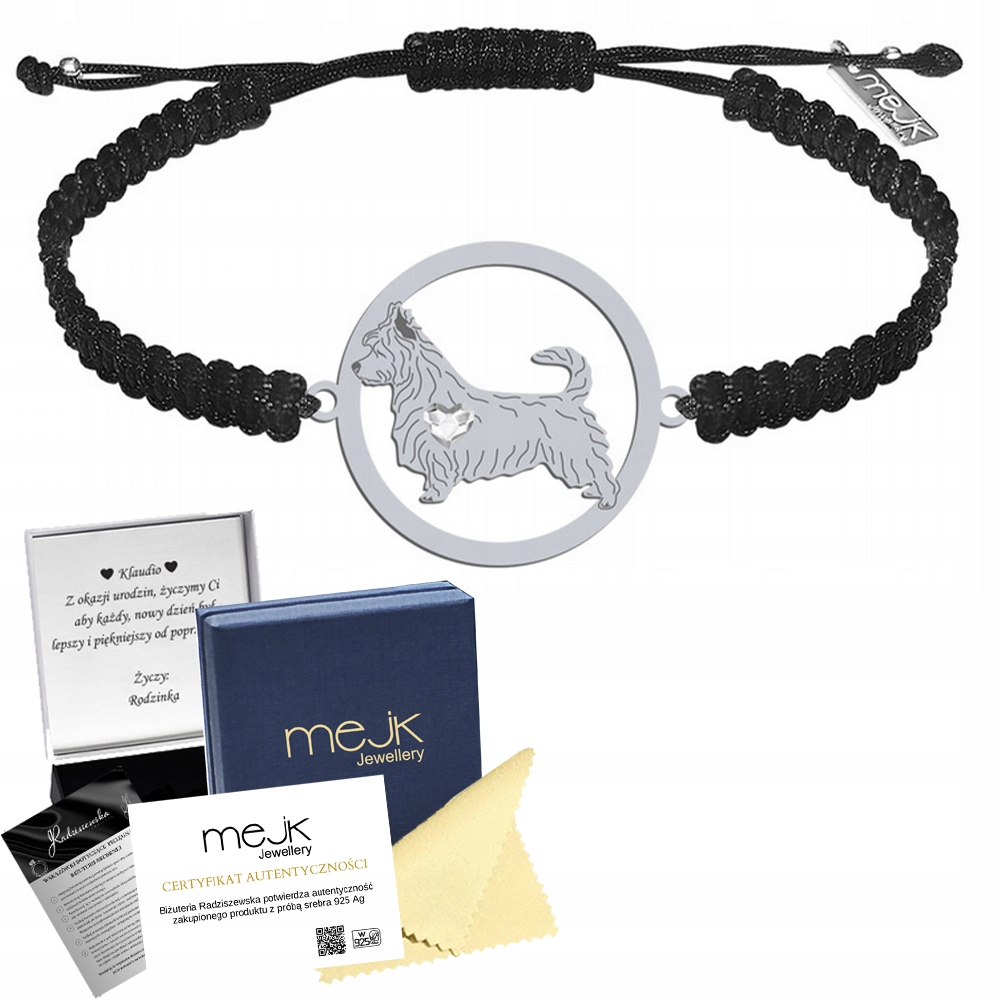 Stříbrný náramek s australským teriérem 925 Žena Makramé Gravírování Bonus