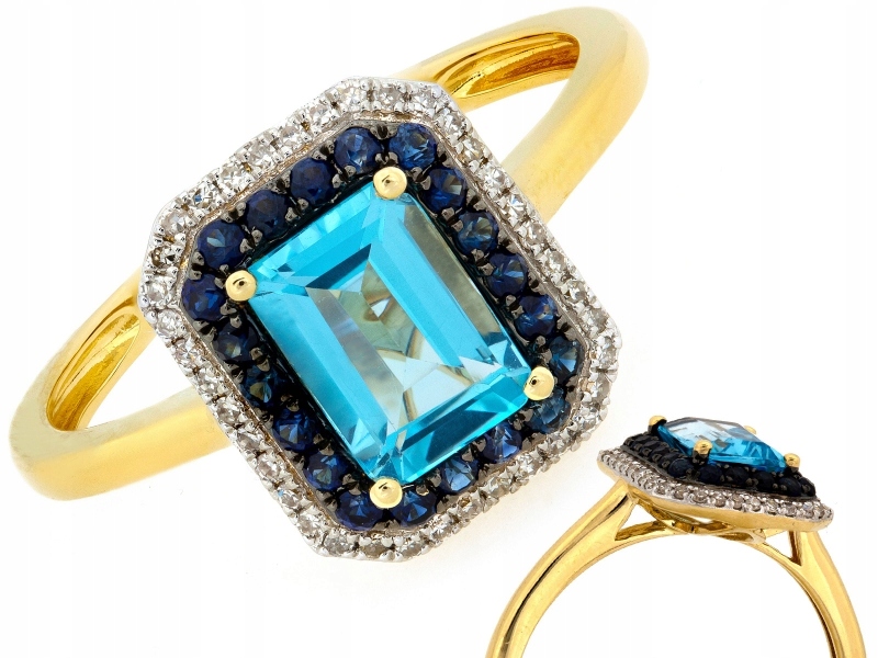 Zlatý prstýnek 585 s topazem a safíry a brilianty 2.39g R15 pro ni