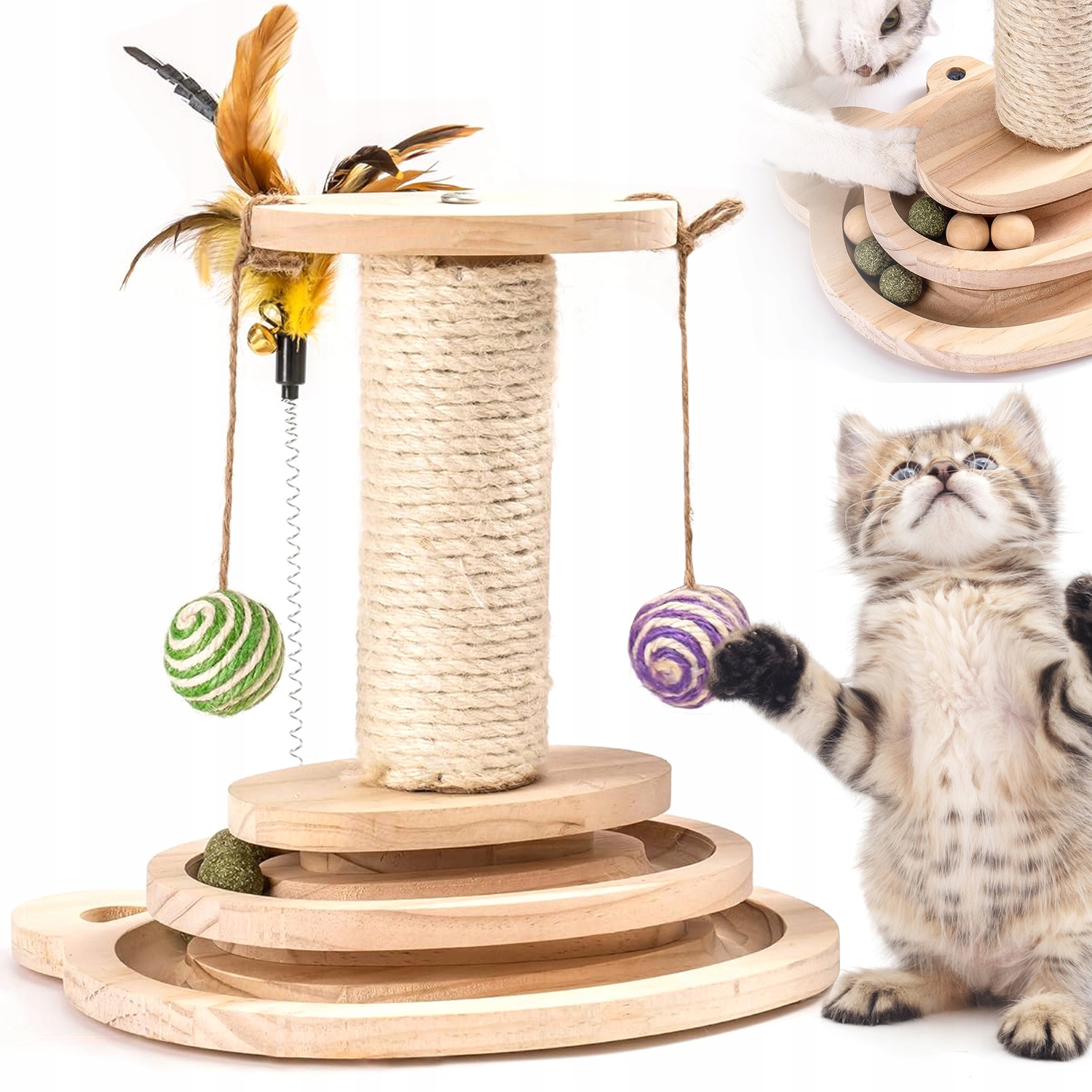 Levně Drapak Pro Kočky Hračka Dřevěný Sloupek S Dráhami Multifunkční