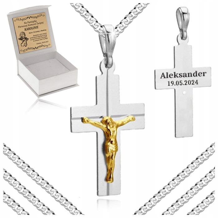 SREBRNY ŁAŃCUSZEK KOMUNIJNY NASZYJNIK Z KRZYŻYKIEM 925 + GRAWER NA KOMUNIĘ