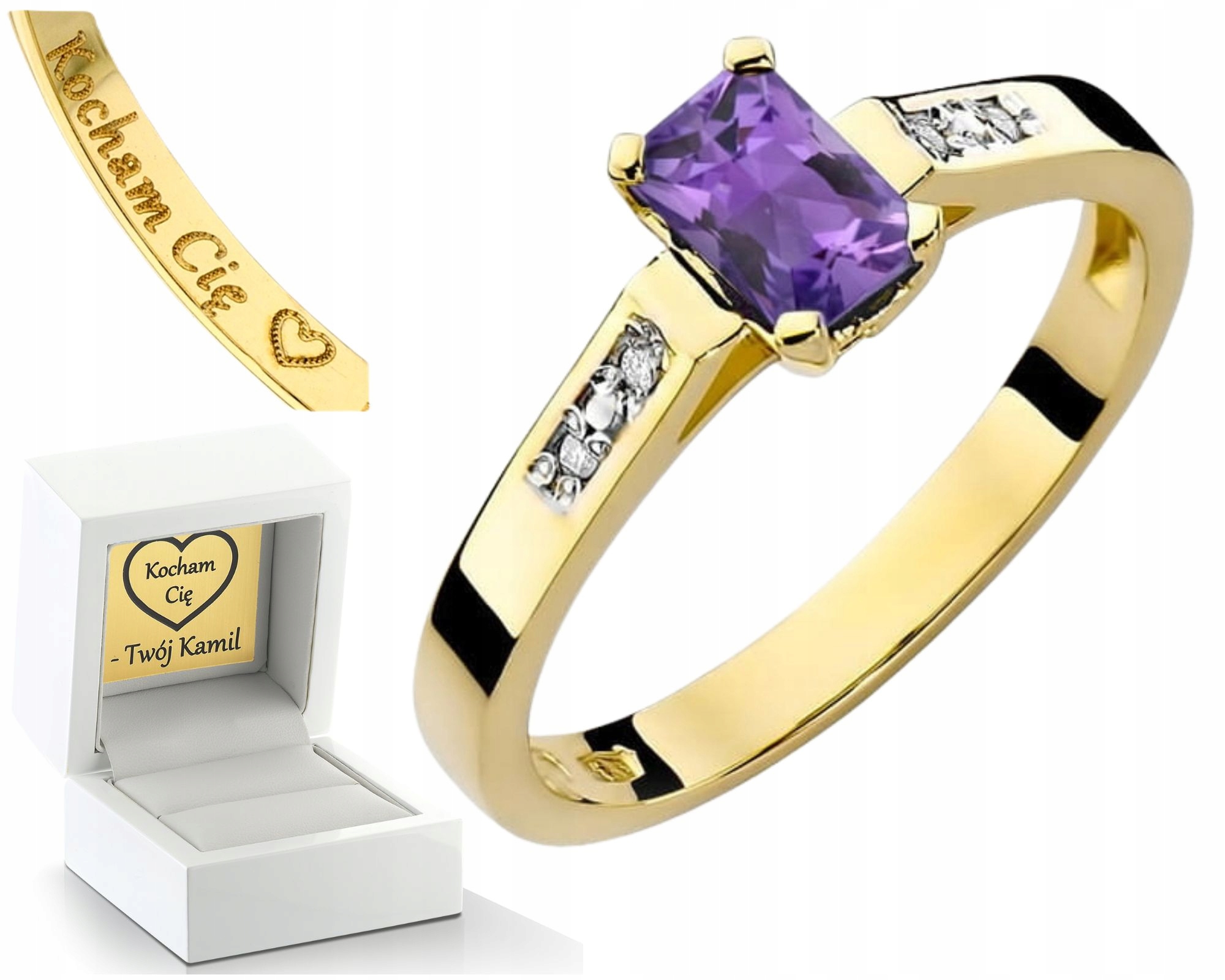 Zlatý Prstýnek Přírodní Kámen Ametyst A Diamanty Zlato 585 Dárek